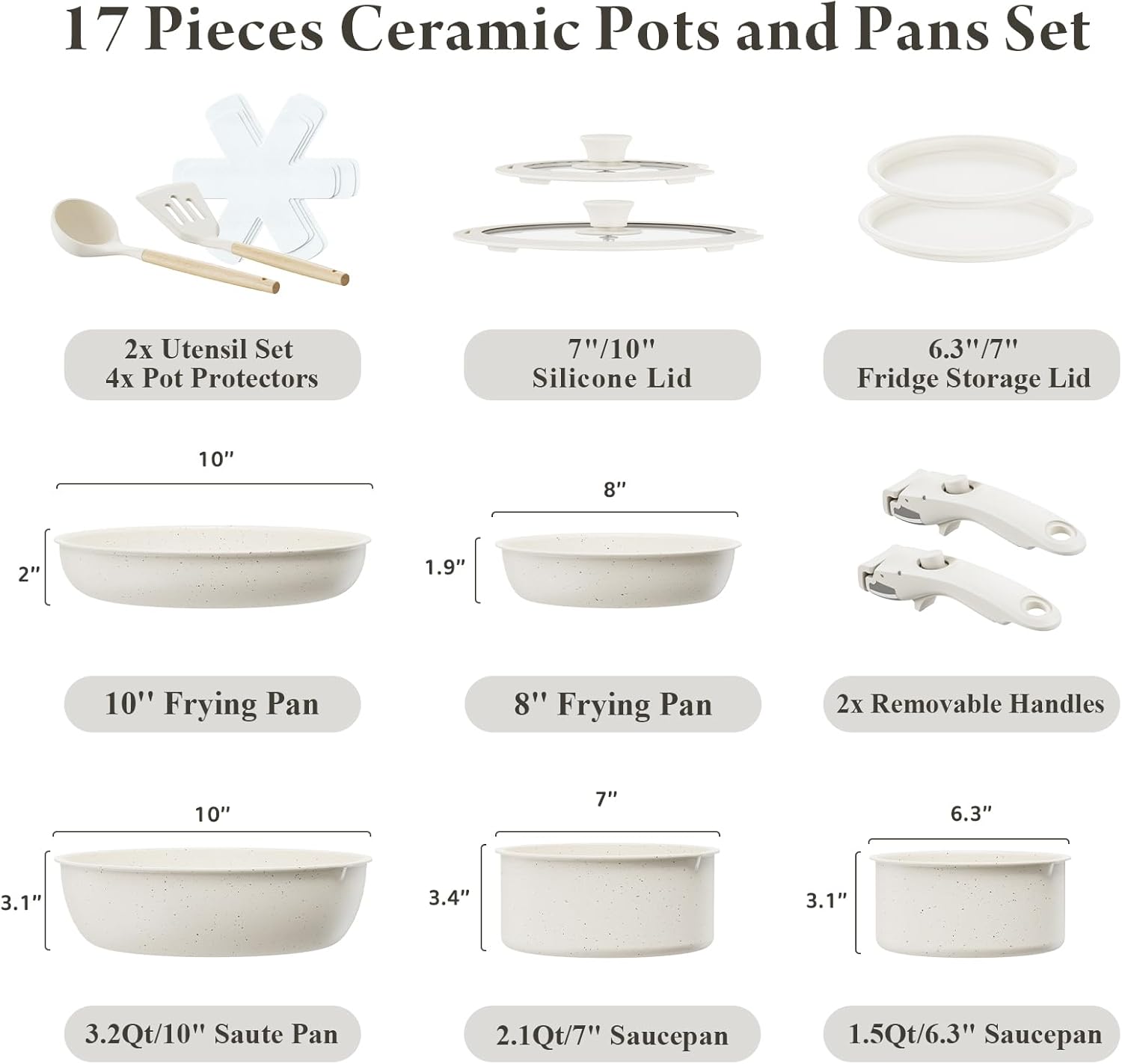 Ceramic Nonstick Cookware Set, Healthy,Non Toxic,17-Pieces Pots and Pans Set Removable Handles,Induction RV Kitchen Set,Stain  Scratch-resistant,Dishwasher/Oven Safe,PFAS/PFOA Free,Cream White