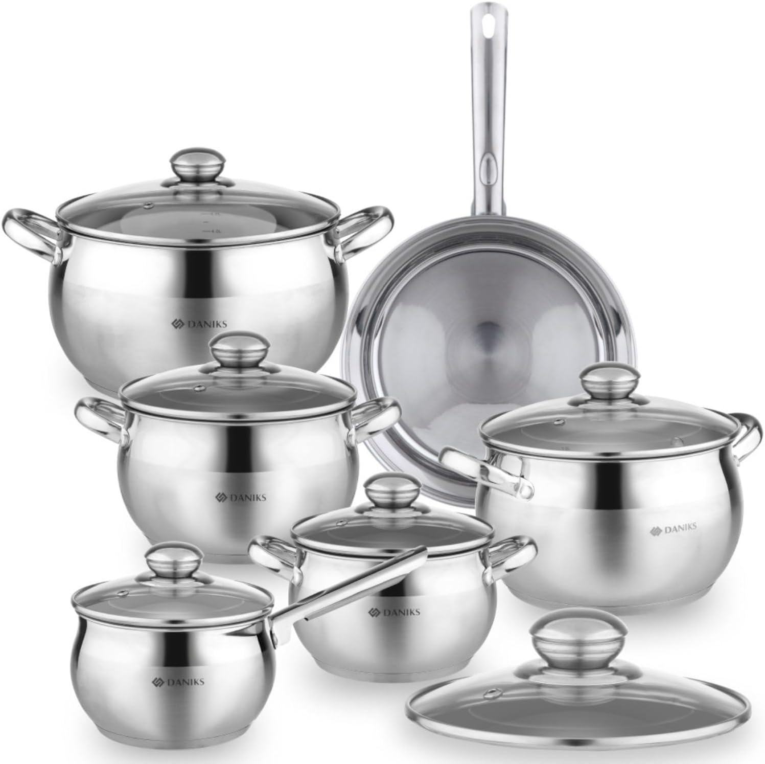 Daniks Classic 12-Piece Stainless Steel Induction Cookware Set – Dishwasher Safe Saucepan, Frying Pan, and Pots with Lids, Measuring Scale, Silver