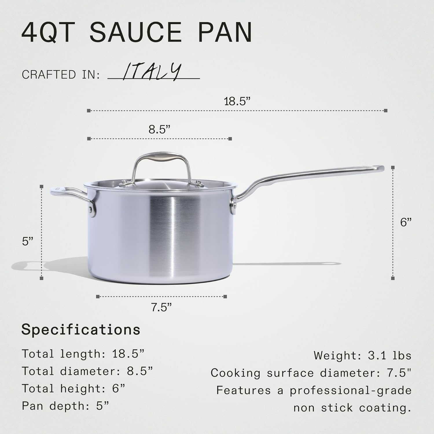 Made In Cookware - 7 Piece ProCoat Non Stick Pot and Pan Set (Graphite) - 5 Ply Stainless Clad - Includes Stock Pot, Saute Pan, Saucepan, and Frying Pan - Professional Cookware - Crafted in Italy