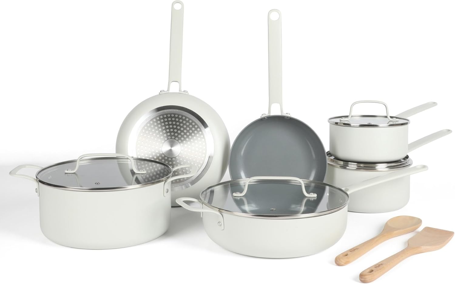 Martha Stewart Emmeline Premium Nonstick PFA Free Ceramic Interior 12 Piece Heavy Gauge Enamel Aluminum Pots and Pans Cookware Set - Linen White