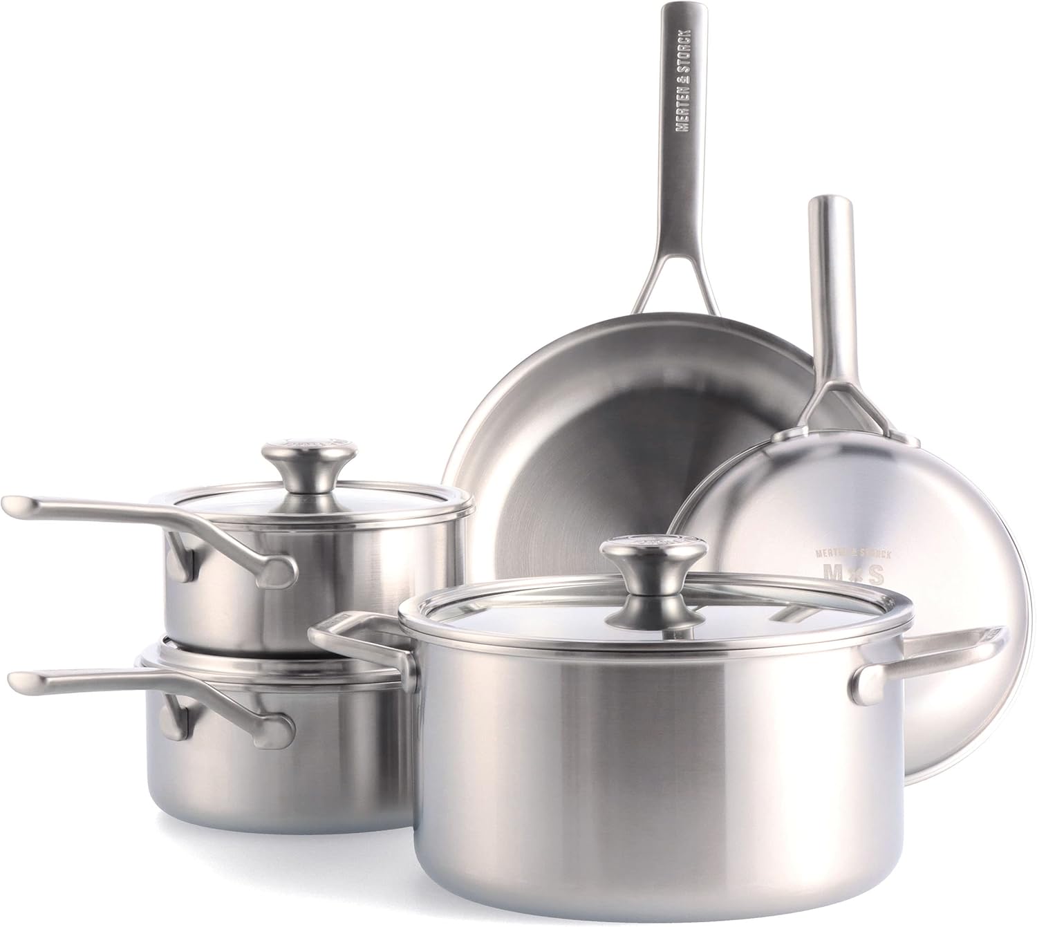 Merten  Storck Tri-Ply Stainless Steel 8 Piece Cookware Pots  Pans Set,Professional Cooking,Multi Clad,Measurement Markings,Drip-Free Pouring Edges,Durable Glass Lids, Induction,OvenDishwasher Safe