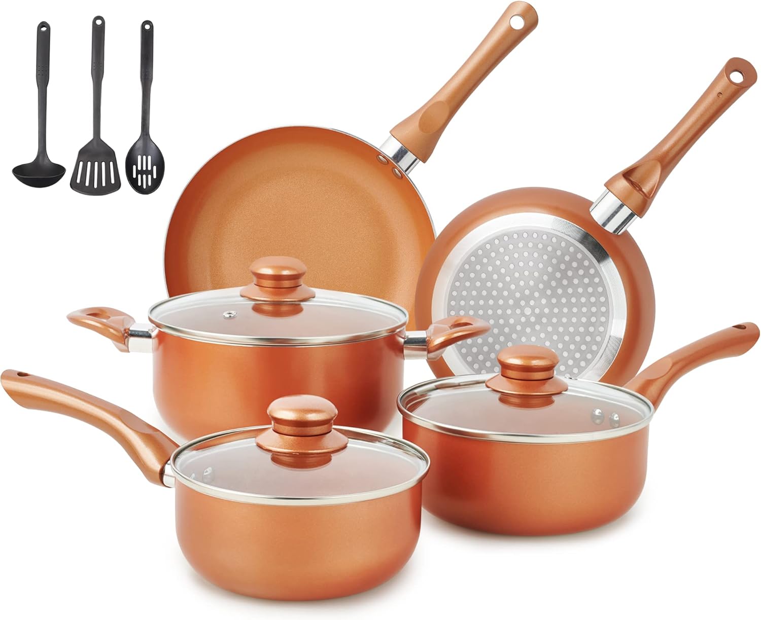 Pots and Pans Set Ultra Nonstick, Pre-Installed 11pcs Cookware Set Copper with Ceramic Coating, Stay cool handle  Nylon Kitchen Utensils, Gas/Induction Compatible, 100% PFOA Free