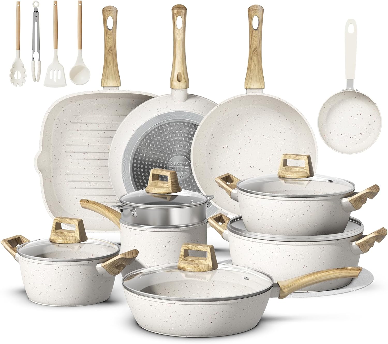 25 pcs non-stick ceramic cookware set cream white