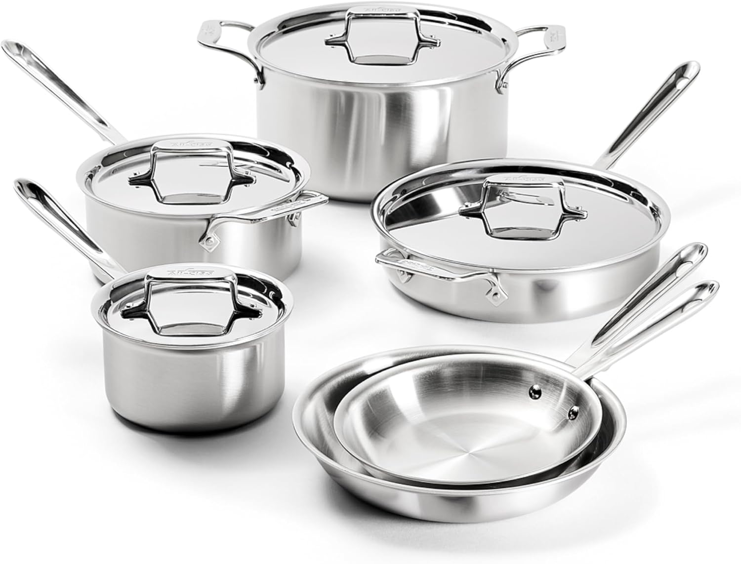 All-Clad D5 Brushed 5 Ply Stainless Steel Cookware Set 10 Piece w/ Frying Pans, Pots and Pans Set, Induction, Oven Broiler Safe 600F, Silver All-Clad D5 Brushed 5 Ply Stainless Steel Cookware Set 10 Piece w/ Frying Pans, Pots and Pans Set, Induction, Oven Broiler Safe 600F, Silver