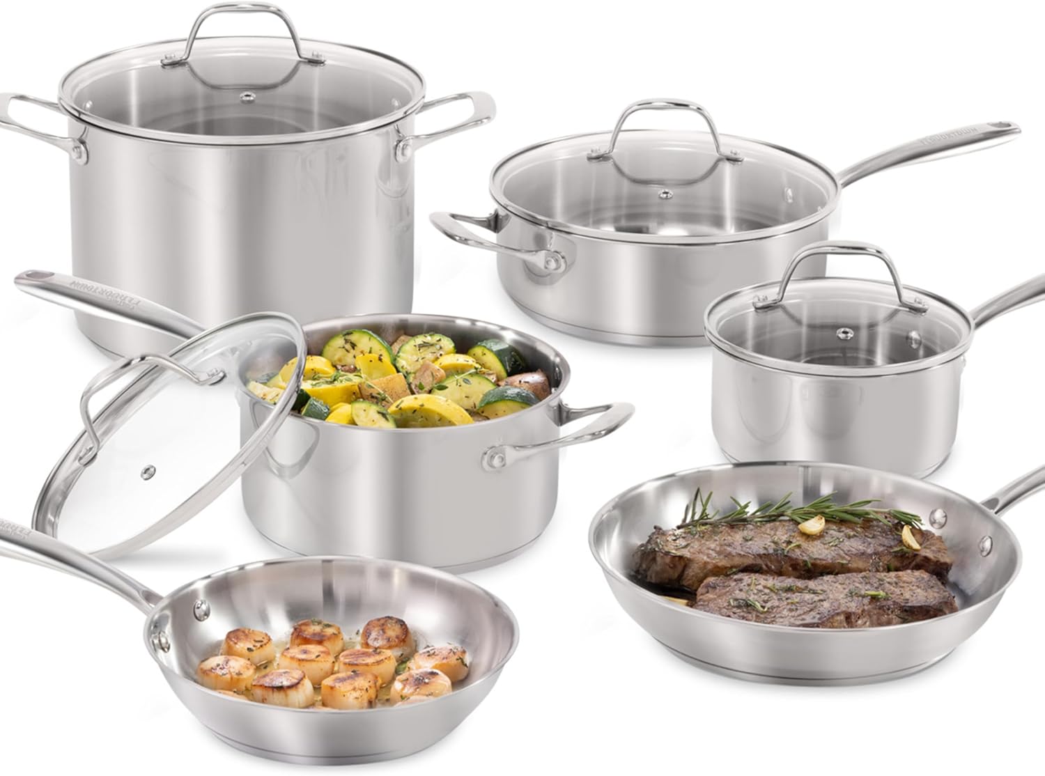 Guy Fieris Flavortown 10-Piece Stainless Steel Cookware Set - Includes Frying Pans, Saucepans, Saute Pan and Stock Pot - Pots and Pans, Oven-Safe up to 500F Guy Fieris Flavortown 10-Piece Stainless Steel Cookware Set - Includes Frying Pans, Saucepans, Saute Pan and Stock Pot - Pots and Pans, Oven-Safe up to 500F