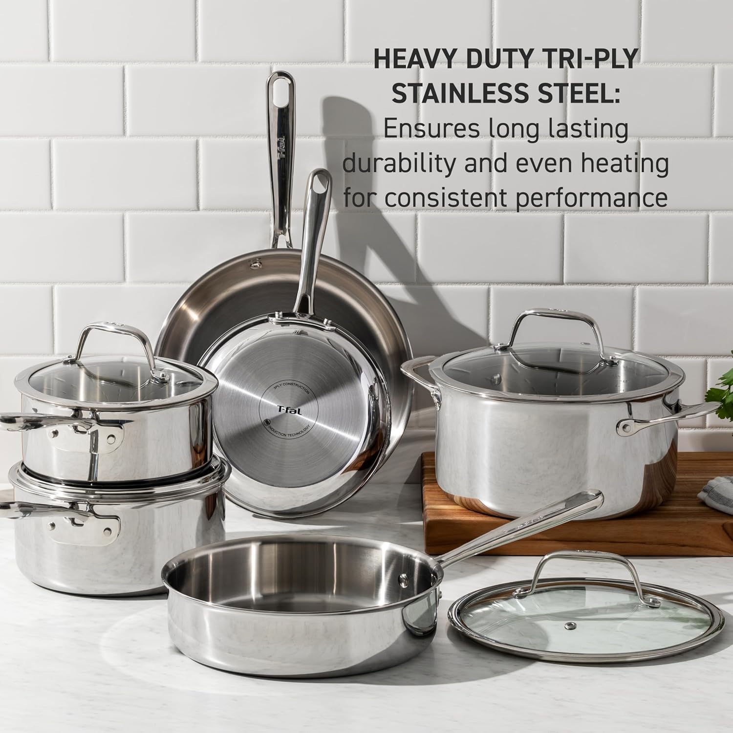 T-Fal Pro Tri-Ply Stainless Steel Cookware Set, 10 Piece-Induction Compatible, Oven Safe 500F, Lids-350F, Even Heat, Professional Quality, Durable, Induction Pots and Pans Set, Silver T-Fal Pro Tri-Ply Stainless Steel Cookware Set, 10 Piece-Induction Compatible, Oven Safe 500F, Lids-350F, Even Heat, Professional Quality, Durable, Induction Pots and Pans Set, Silver