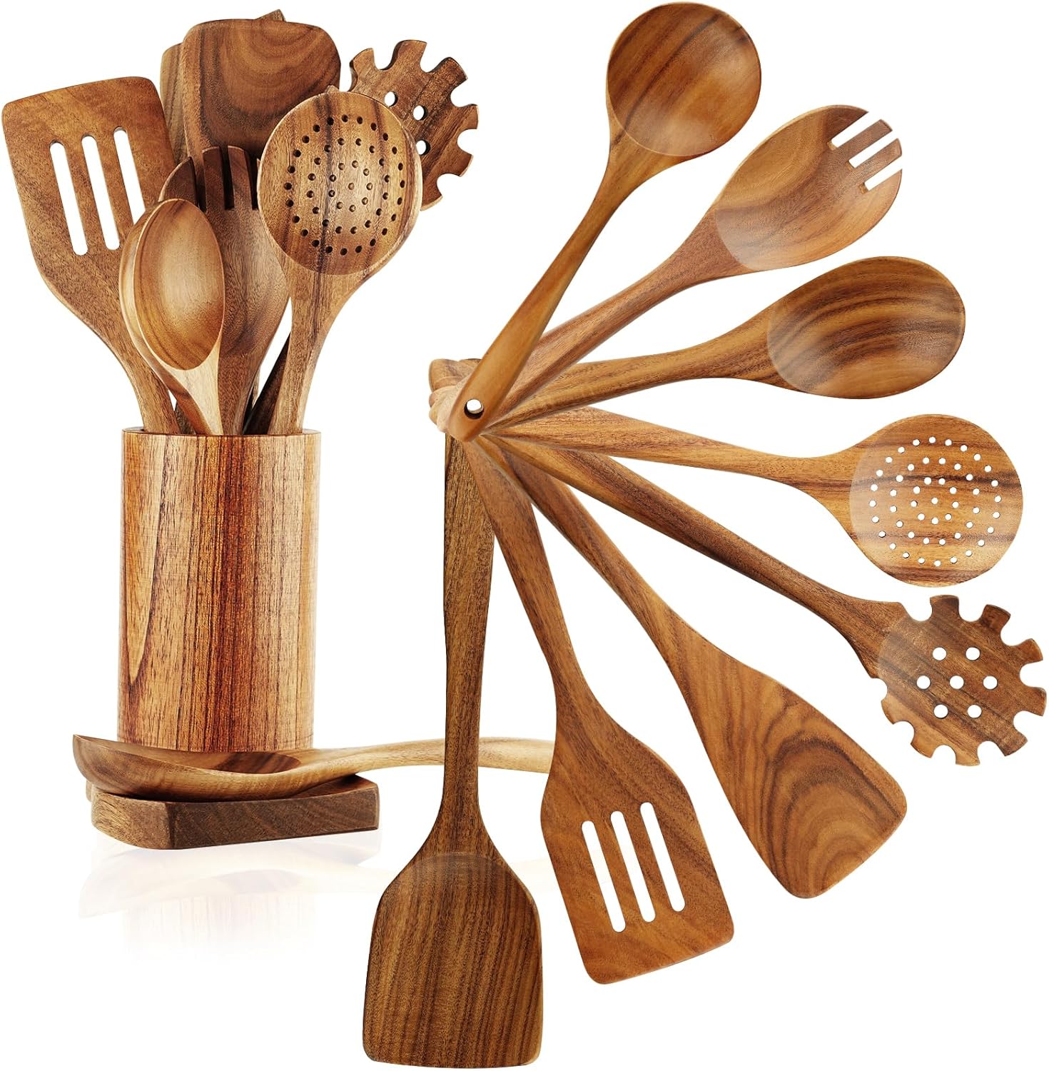 FJNATINH Wooden Spoons for Cooking, 10 Pcs Teak Wooden Cooking Utensil Set with Holder, Wooden Kitchen Utensils Set for Nonstick Pans  Cookware