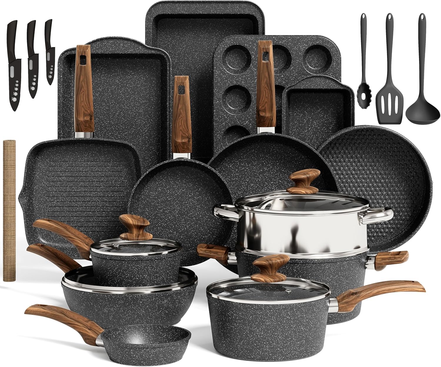 Kitchen Induction Cookware Bakeware Set - 30 Piece Black Granite Cooking Pans Set, Non-Stick Pots and Pans Set Kitchen Induction Cookware Bakeware Set - 30 Piece Black Granite Cooking Pans Set, Non-Stick Pots and Pans Set