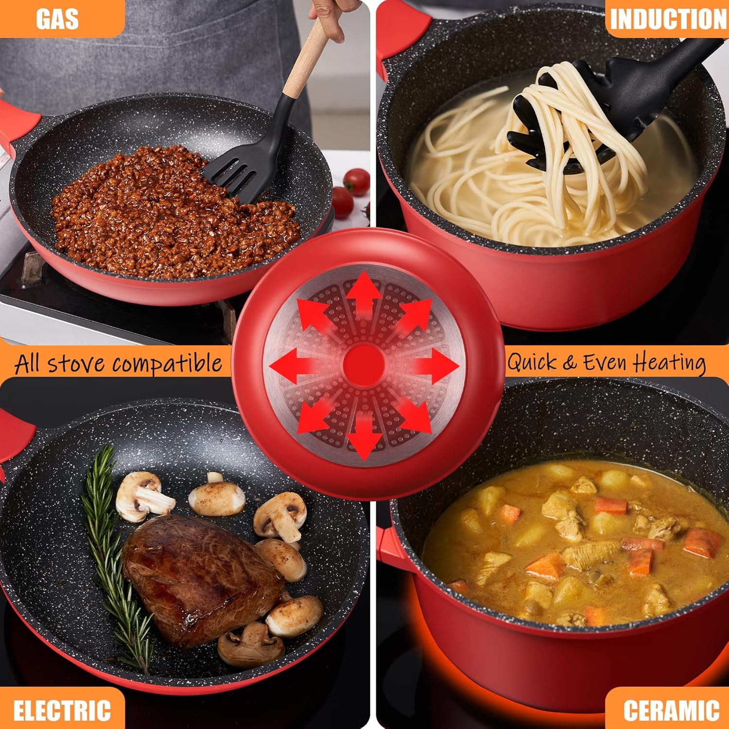 Pots and Pans Set, imarku 16-Piece Cookware Sets Nonstick Granite Coating, Induction Kitchen Cookware Easy to Clean, Cooking Pot Pan Set with Stay-Cool Handle, Kitchen Gadgets 2023 Red