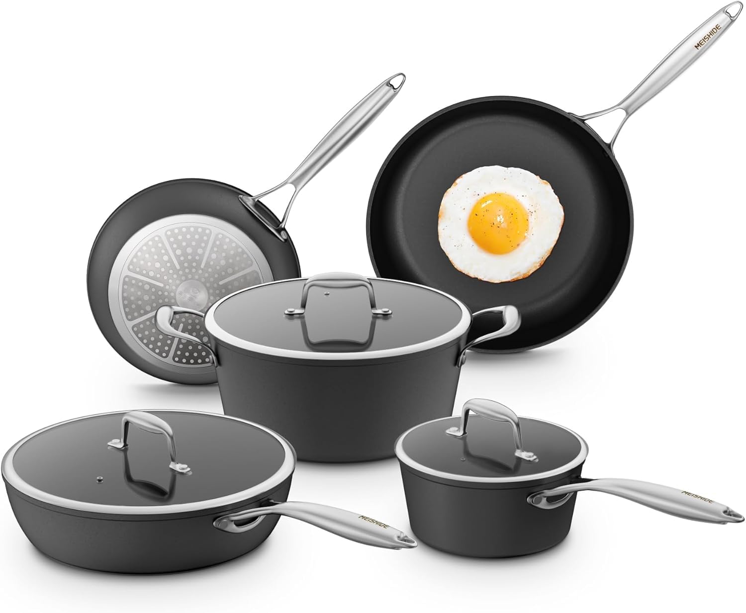 Pots and Pans Set Non Stick, Oven Safe 500F Premium Hard Anodized Induction Cookware Sets 8 Pcs, Frying Pans Saucepans with Stay-Cool Handles, Glass Lids, PFAS/PFOS/PFOA/BPA Free, Black Pots and Pans Set Non Stick, Oven Safe 500F Premium Hard Anodized Induction Cookware Sets 8 Pcs, Frying Pans Saucepans with Stay-Cool Handles, Glass Lids, PFAS/PFOS/PFOA/BPA Free, Black