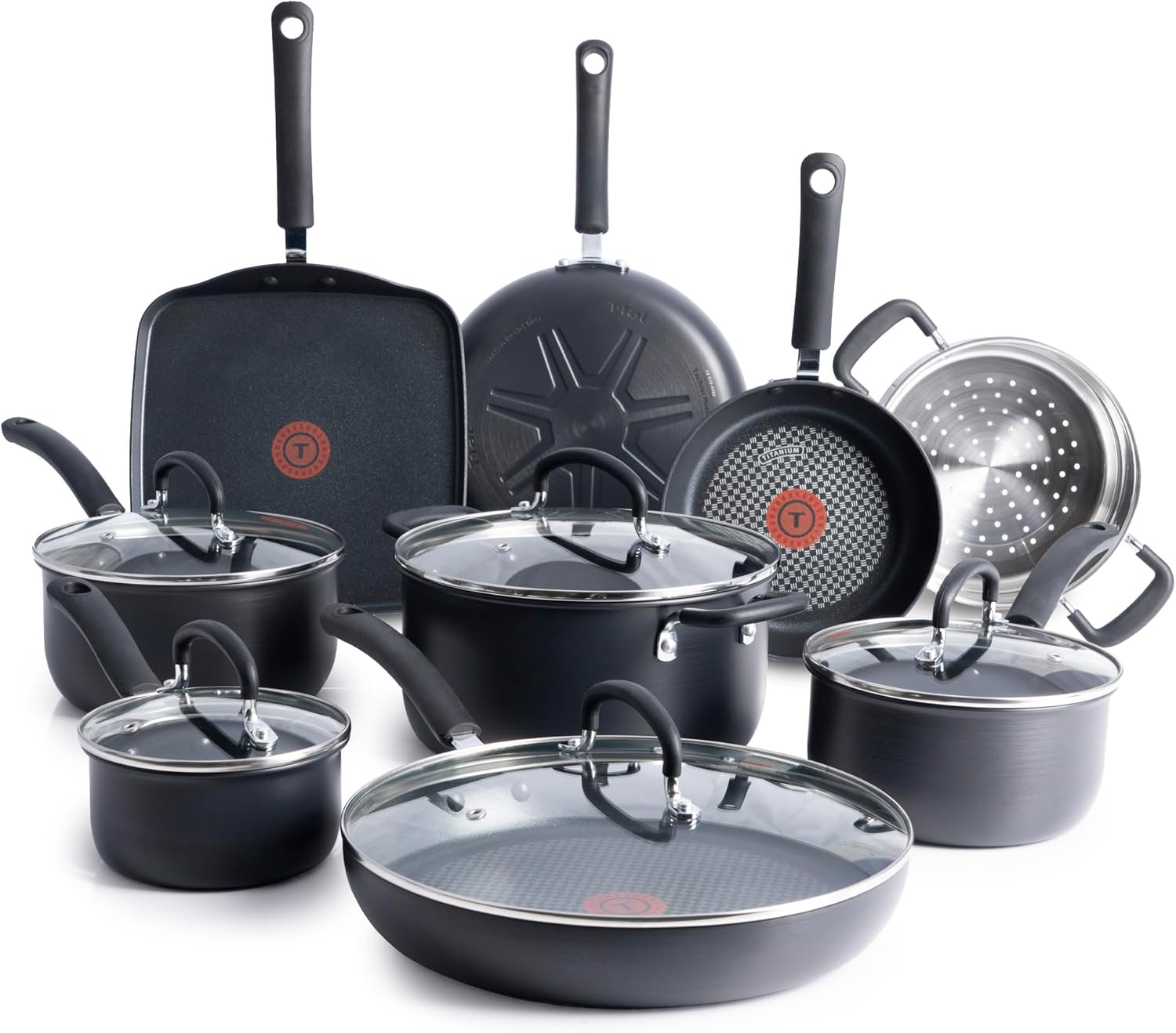 T-fal Ultimate Hard Anodized Nonstick Cookware Set 14 Piece, Oven Broiler Safe 400F, Lid Safe 350F, Kitchen Cooking Set w/Fry Pans, Saucepans, Griddle, Dutch Oven, Pots Pans, Dishwasher Safe, Black T-fal Ultimate Hard Anodized Nonstick Cookware Set 14 Piece, Oven Broiler Safe 400F, Lid Safe 350F, Kitchen Cooking Set w/Fry Pans, Saucepans, Griddle, Dutch Oven, Pots Pans, Dishwasher Safe, Black