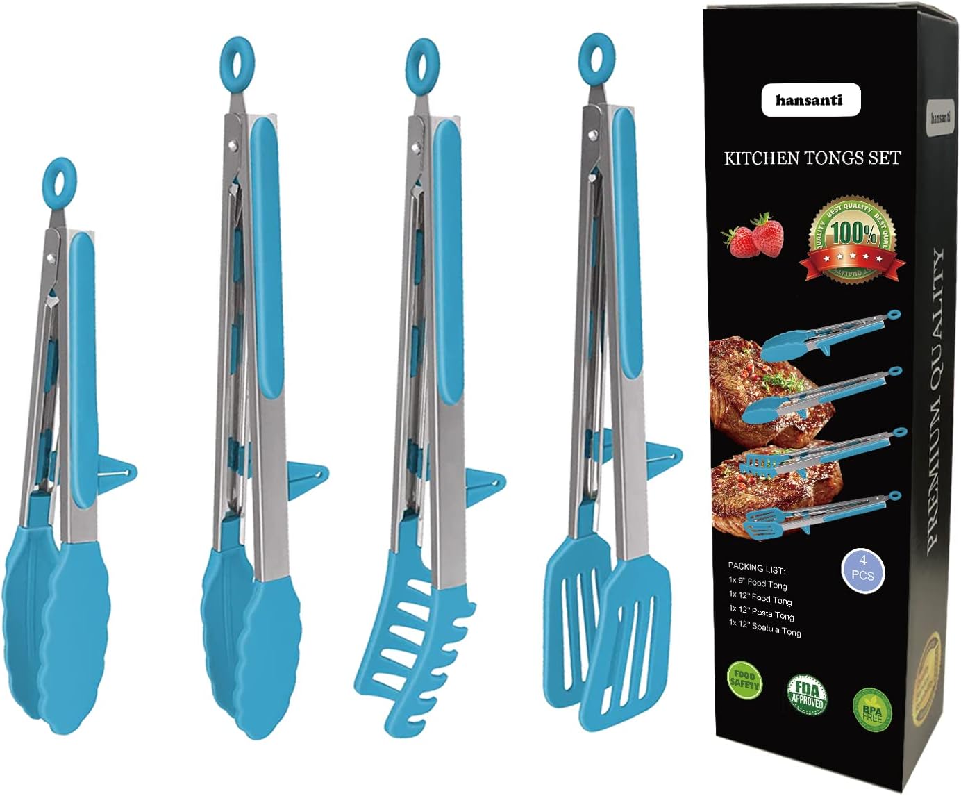 4 Pack Silicone Kitchen Cooking Tongs Set, Stainless Steel Nonstick Food Tong with BPA Free Silicone Tips for Serving Pasta Spaghetti Steak Pie Pizza Salad Vegetable Fruit Grilling BBQ Buffet 9  12