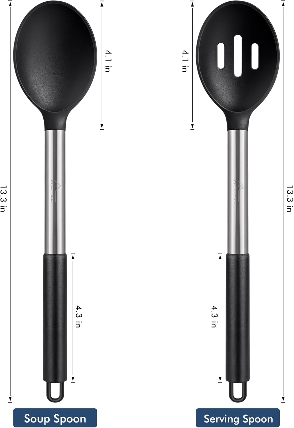 HOTEC 446°F Heat Resistant Large Silicone Cooking Spoon, BPA Free Solid Slotted Spoons, Nonstick Kitchen Cookware Utensils, Mixing, Serving, Stiring Large Spoons, Black
