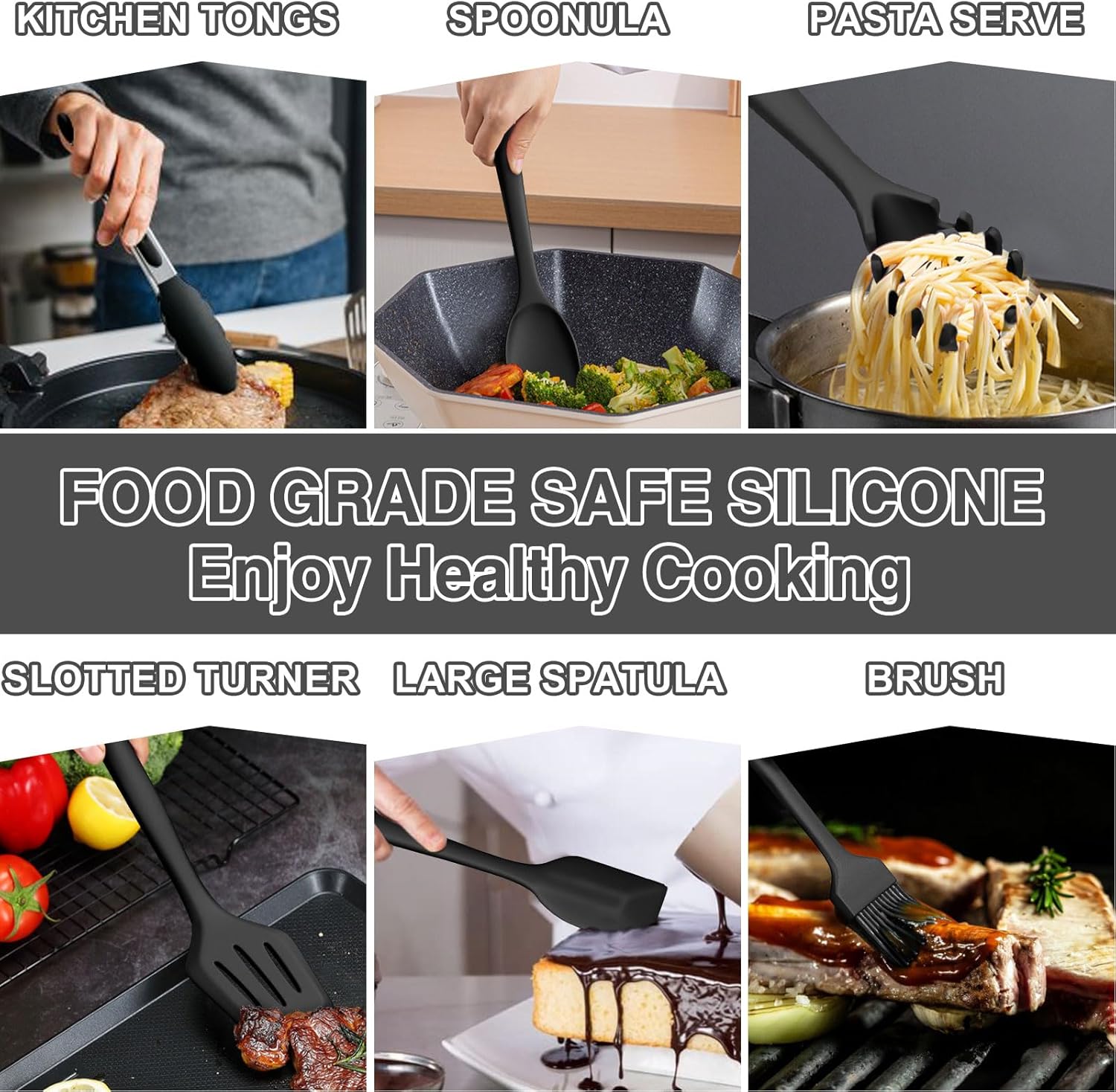 Umite Chef 22-Piece Silicone Cooking Utensils Set，Heat Resistant  Dishwasher Safe Kitchen Tools, Black Non-Scratch Spatula Set for Nonstick Cookware (Black)