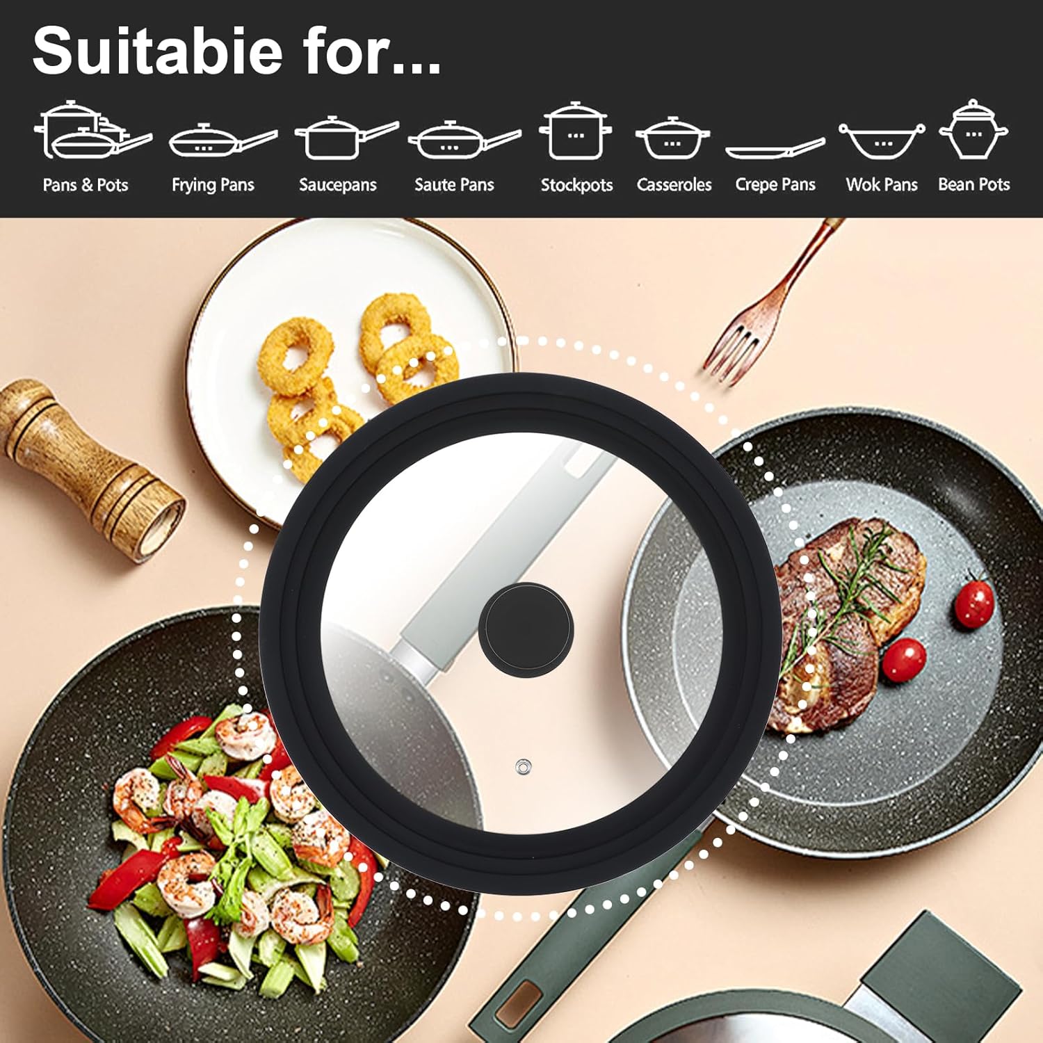 Universal Lids for Pots, Pans  Skillets - Fits 7, 8  9 Diameter, 10, 11  12 Diameter Cookware, Tempered Glass with High Heat Resistant Silicone Rim, Dishwasher Safe (2 Pack)