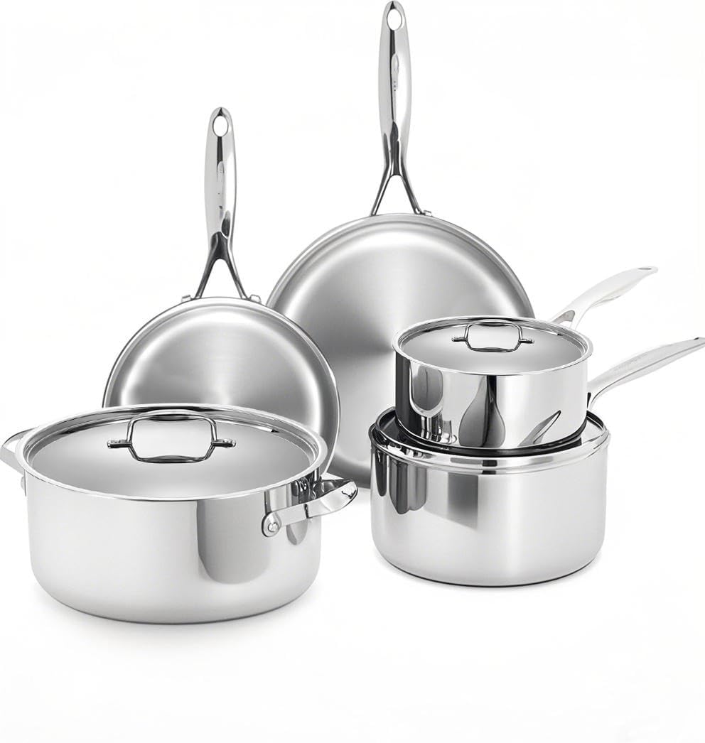 5 Ply Stainless Steel Cookware Set,8-Piece,Professional Kitchen Cooking, Heavy Chef Quality,PFOA, PTFE  PFOS Free,Induction, Non-Toxic, Oven Safe,Best 18/8 Full Clad