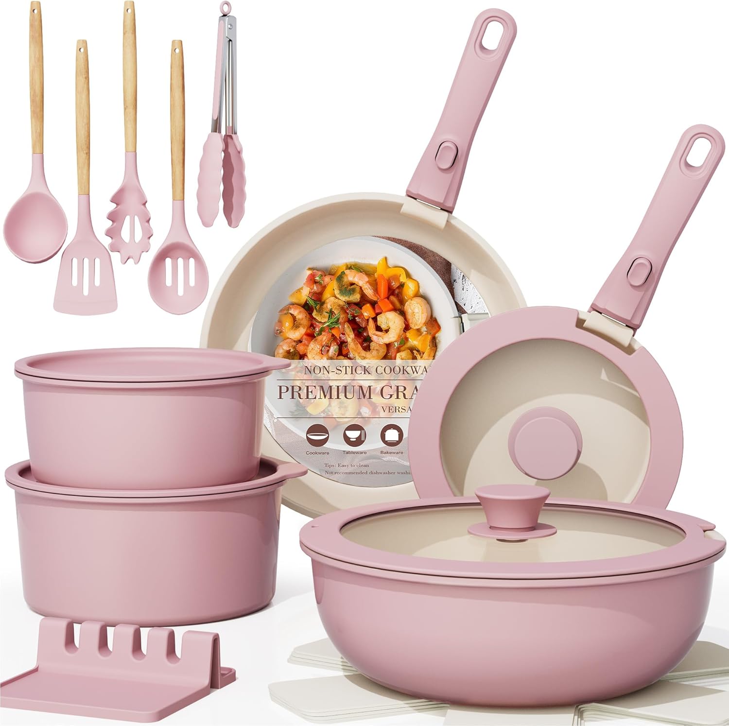 Astercook 21 Pcs Pots and Pans Non Stick Ceramic Cookware Set, Detachable Handles, RV Kitchen Cooking Set, Oven Safe, Induction Ready, Stackable, Pink Astercook 21 Pcs Pots and Pans Non Stick Ceramic Cookware Set, Detachable Handles, RV Kitchen Cooking Set, Oven Safe, Induction Ready, Stackable, Pink