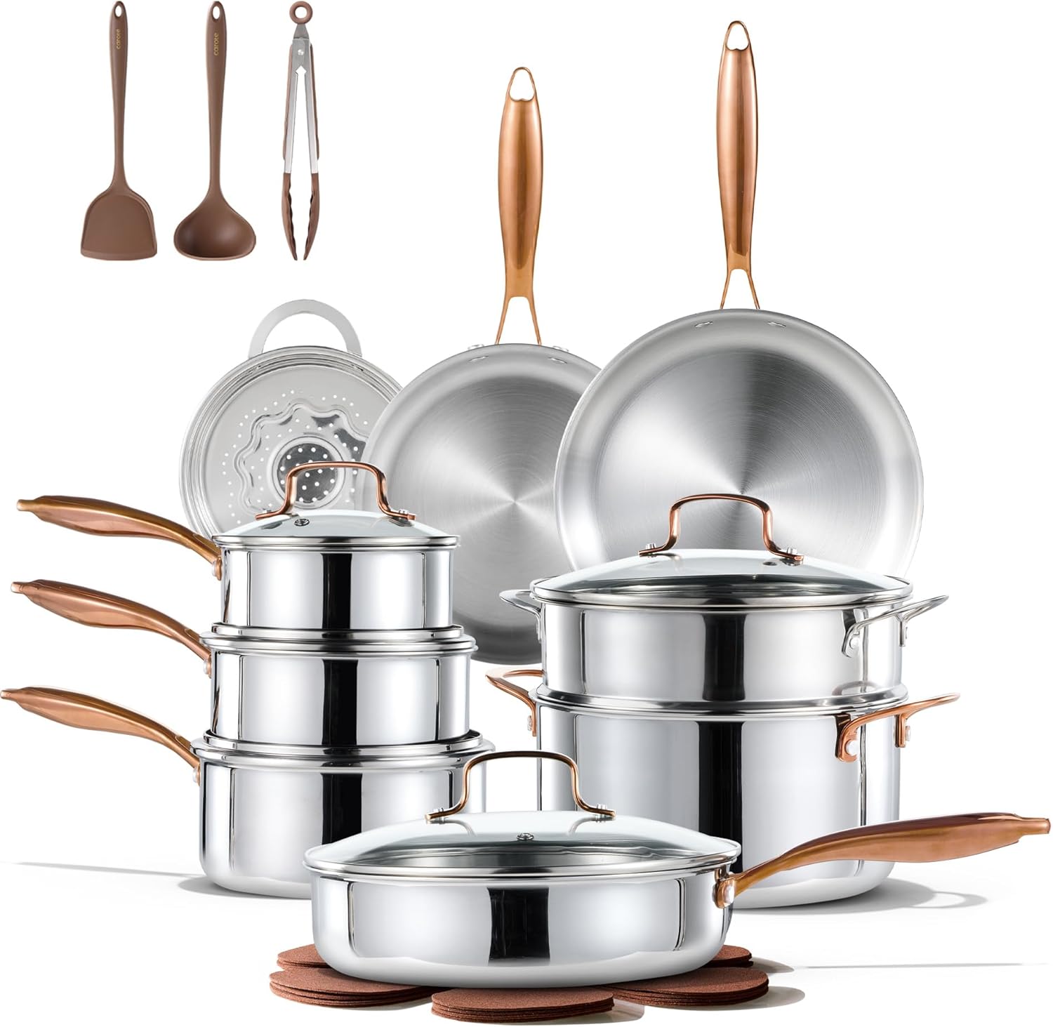 CAROTE 23PCS Tri-Ply Fully Clad Stainless Steel Cookware Set, Pots and Pans Set with Tempered Glass Lids, Induction Compatible, Oven  Dishwasher Safe