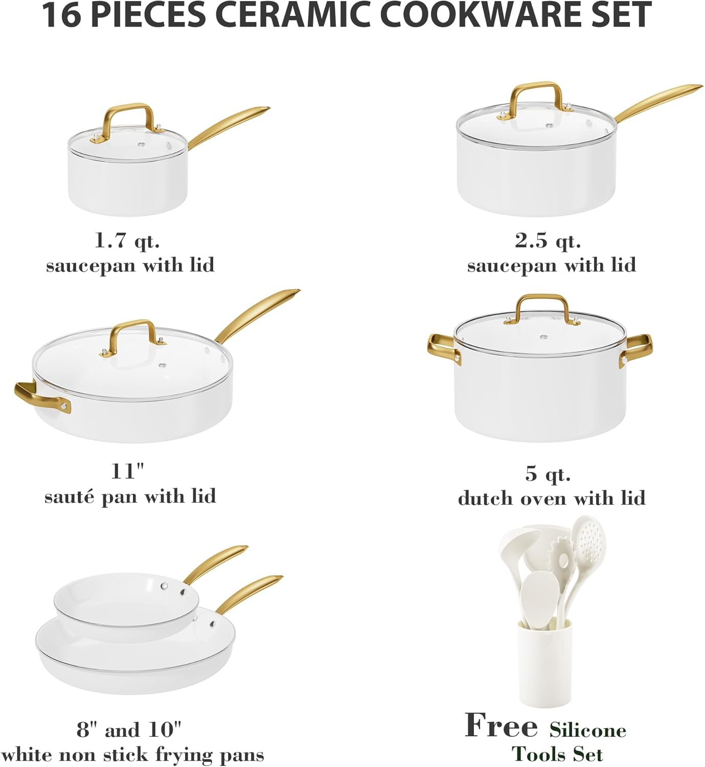 Ceramic Cookware Set, VONIKI 16 Pcs Pots and Pans Set Non Stick, Kitchen Cookware Sets with Cooking Utensils Set, Non Toxic Cookware Set White Gold Pan Set for Cooking Pot Oven  Dishwasher Safe, Gift
