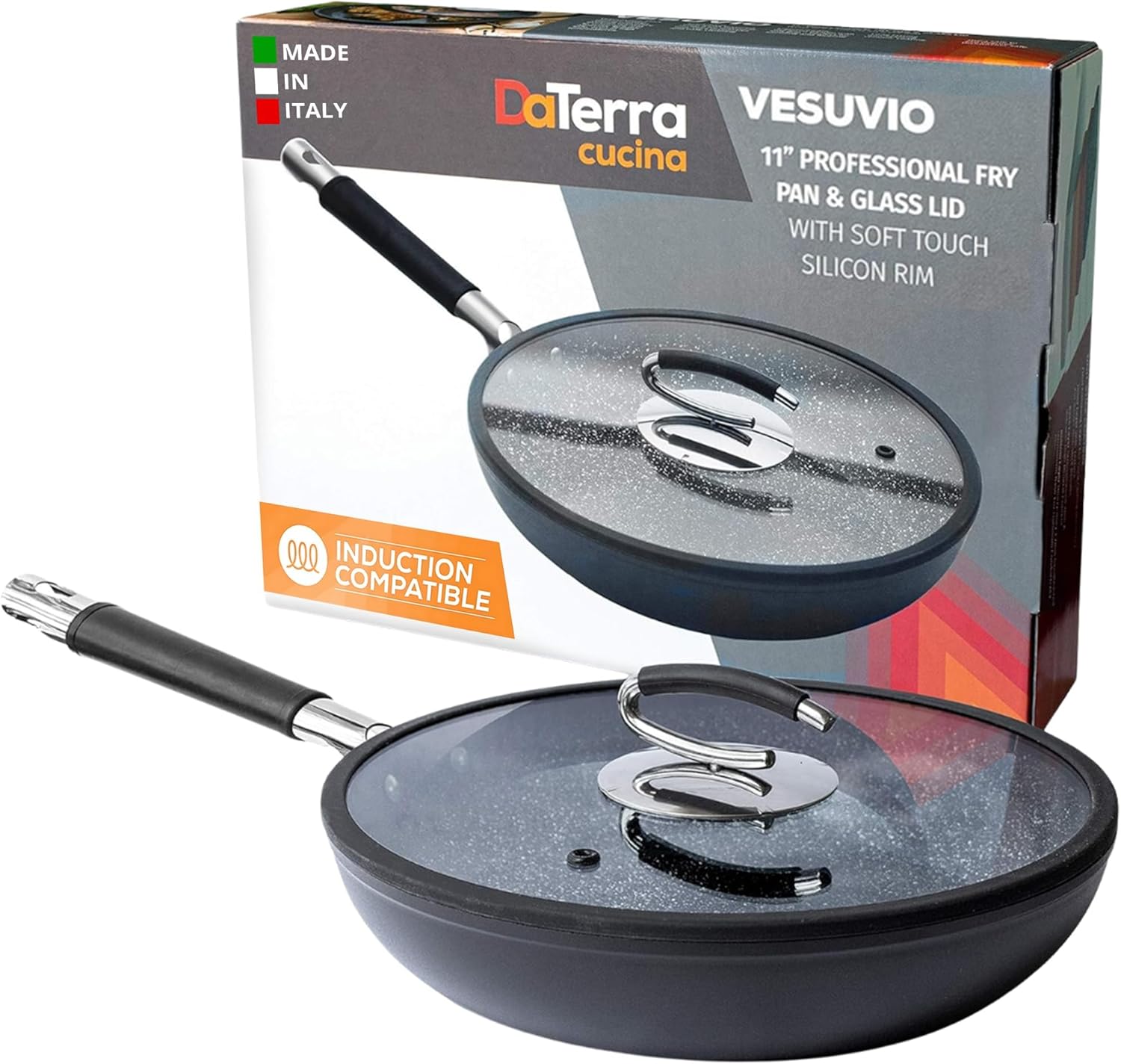 DaTerra Cucina 11 Nonstick Ceramic Frying Pan with Lid – Oven Induction Safe, High Heat Resistant Nonstick Cookware, Dishwasher Safe, Durable Stylish - Volcanic Black Speckled – Made in Italy DaTerra Cucina 11 Nonstick Ceramic Frying Pan with Lid – Oven Induction Safe, High Heat Resistant Nonstick Cookware, Dishwasher Safe, Durable Stylish - Volcanic Black Speckled – Made in Italy