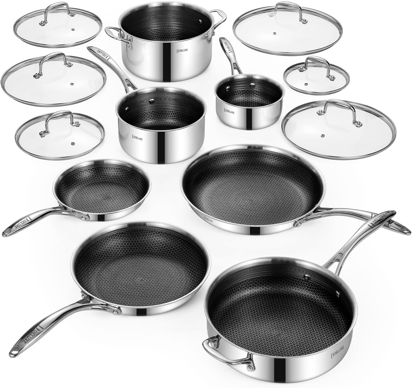 Deluxe 13 Piece Hybrid Ceramic Nonstick Stainless Steel Cookware Set-5 Piece Frying Pan Set, 6 PC Pot Set, 3.7QT Deep Sauté PanLid, Induction Ready, Stay Cool, PFOA Free Compatible with All Cooktops Deluxe 13 Piece Hybrid Ceramic Nonstick Stainless Steel Cookware Set-5 Piece Frying Pan Set, 6 PC Pot Set, 3.7QT Deep Sauté PanLid, Induction Ready, Stay Cool, PFOA Free Compatible with All Cooktops