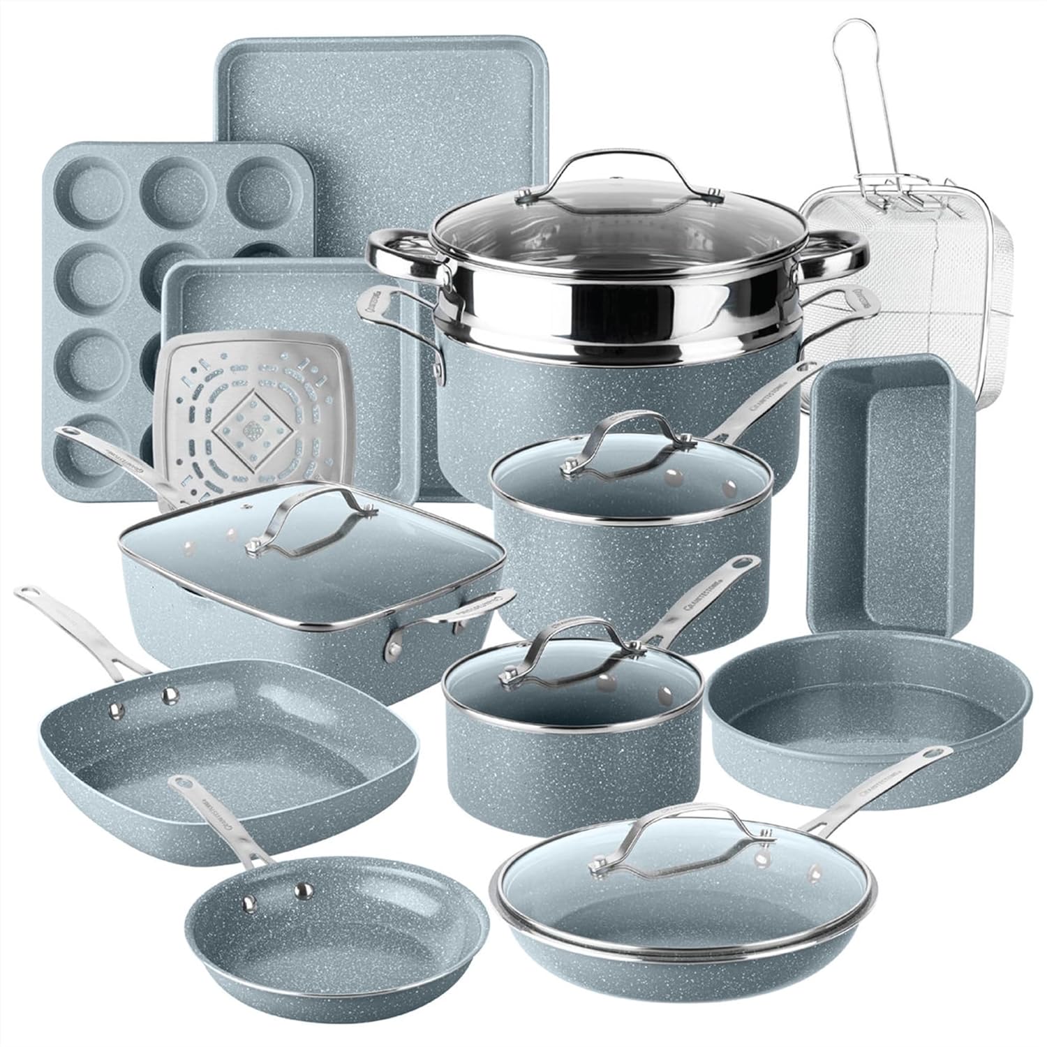 Granitestone Ceraluxe 20 Pc Ceramic Cookware Set Nonstick, Complete Pots and Pans Set Non Stick with 5 Pc Bakeware Set, Deep Frying Pan Set, Steamer, Non Toxic PFOA Free, Oven Dishwasher Safe Granitestone Ceraluxe 20 Pc Ceramic Cookware Set Nonstick, Complete Pots and Pans Set Non Stick with 5 Pc Bakeware Set, Deep Frying Pan Set, Steamer, Non Toxic PFOA Free, Oven Dishwasher Safe