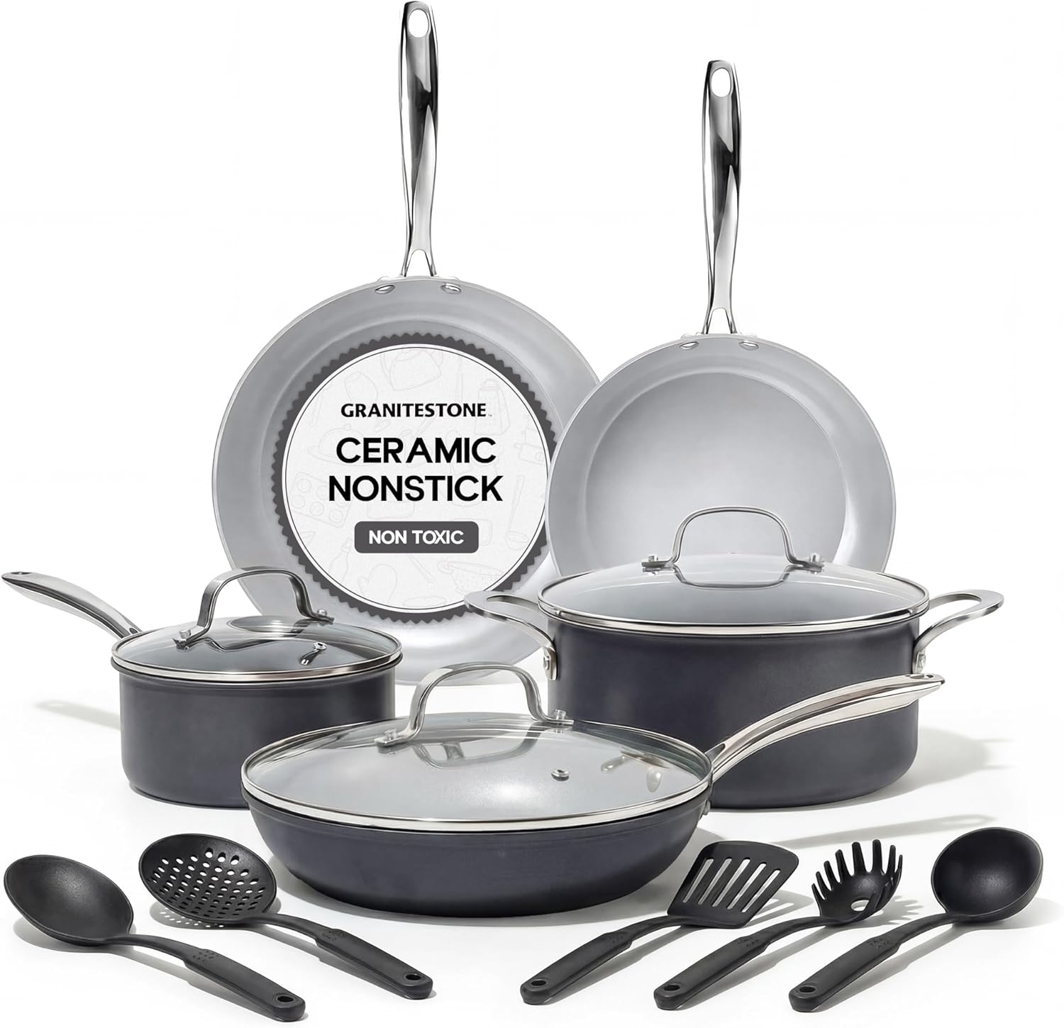 Granitestone Pro 13pcs Pots and Pans Set Non Stick Ceramic Cookware Set with 5 Utensils, Premium Chef Quality Hard Anodized Exterior with Diamond and Mineral Coating, Oven and Dishwasher Safe