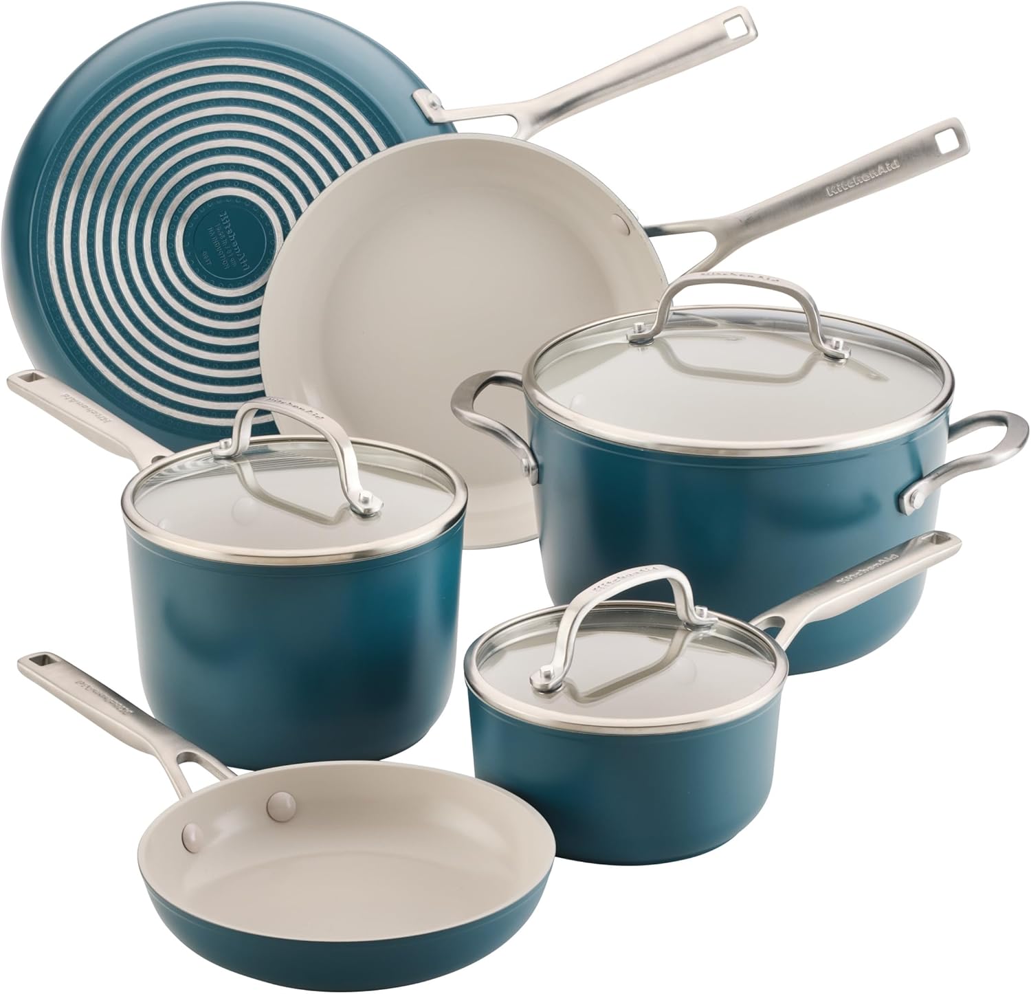 KitchenAid Hard Anodized Ceramic Induction Nonstick Pots and Pans Set with Saucepans, Frying Pans, Stockpot, and Lids, Dishwasher Safe, 9 Piece Cookware Set with Stainless Steel Handles - Agave Blue