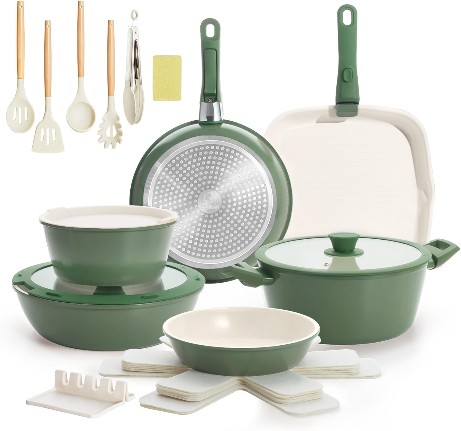 23pcs Ceramic Pots and Pans Set, Nonstick Detachable Handle Cookware, Induction Kitchen Cooking Set with Removable Handle,include Frying Pans & Saucepans Oven Safe, Induction, Stackable Set