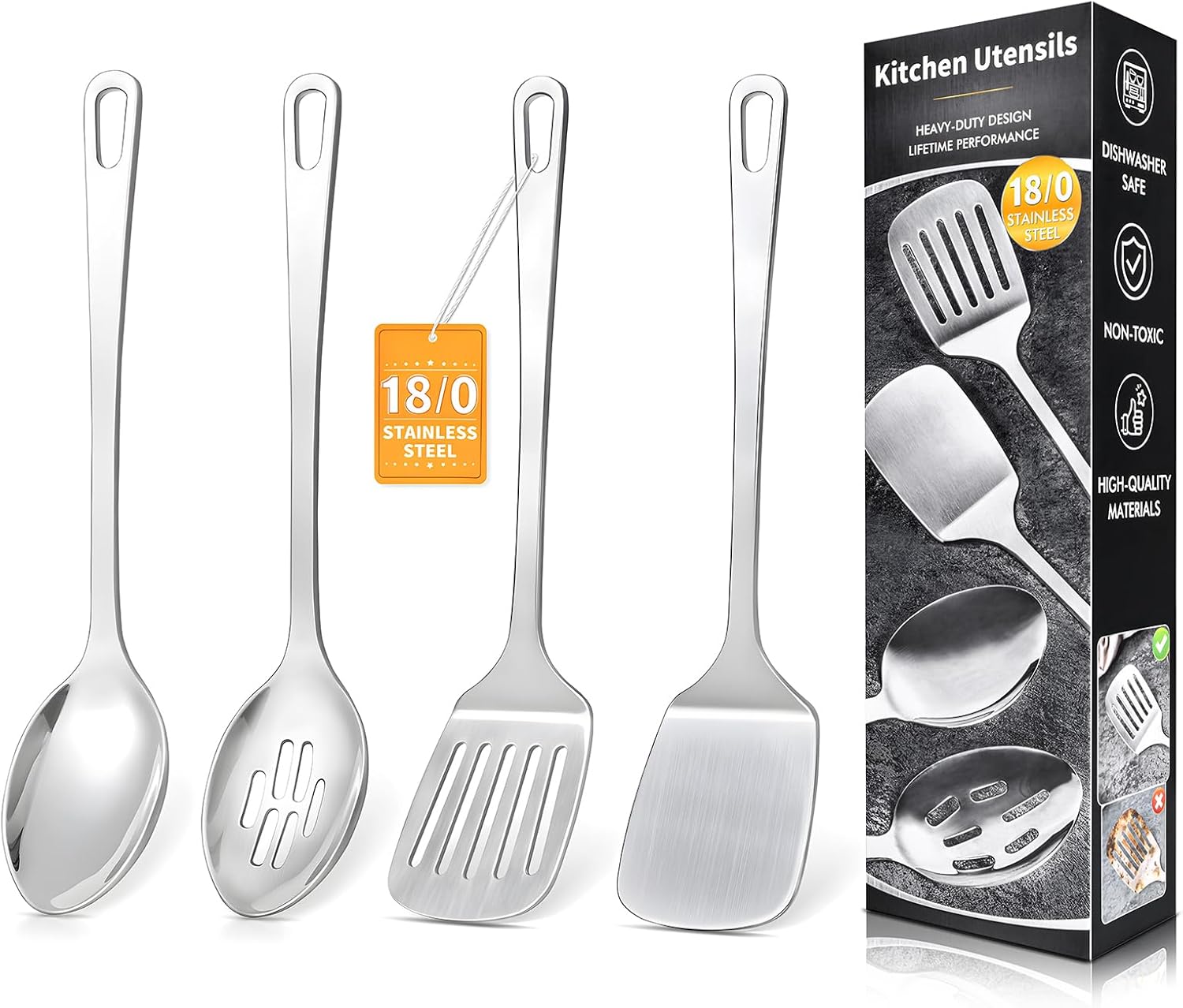 4 Pcs Cooking Utensils Set, Stainless Steel Kitchen Utensils, Heat Resistant Metal Kitchen Tools Include Solid  Slotted Turner Wok Spatula, Serving Spoon, Ergonomic Handle, Easy to Clean, Silver