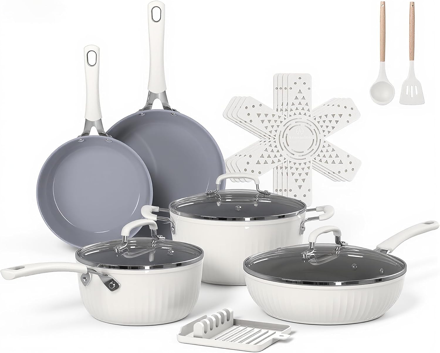 Ammeloo 21 Pcs Pots and Pans Set Non Stick, Ceramic Kitchen Cookware Set with Detachable Handle, Non Toxic Cooking Set for Kitchen, RV, Camping and Fridge, Induction Ready, Dishwasher/Oven Safe, Black