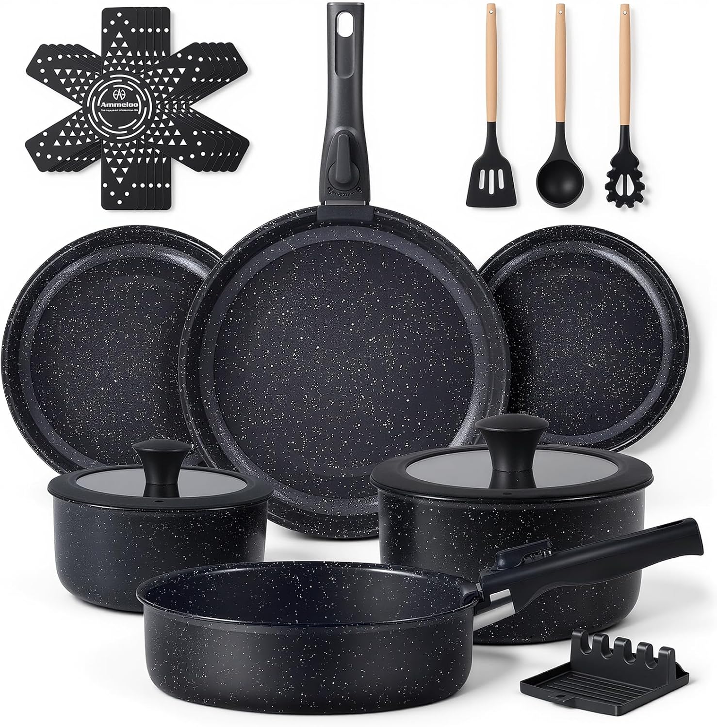 Ammeloo Pcs Pots and Pans Set Non Stick, Ceramic Kitchen Cookware Set with Detachable Handle, Non Toxic Cooking Set for Kitchen, RV, Camping and Fridge, Induction Ready, Dishwasher/Oven Safe, Black Ammeloo Pcs Pots and Pans Set Non Stick, Ceramic Kitchen Cookware Set with Detachable Handle, Non Toxic Cooking Set for Kitchen, RV, Camping and Fridge, Induction Ready, Dishwasher/Oven Safe, Black