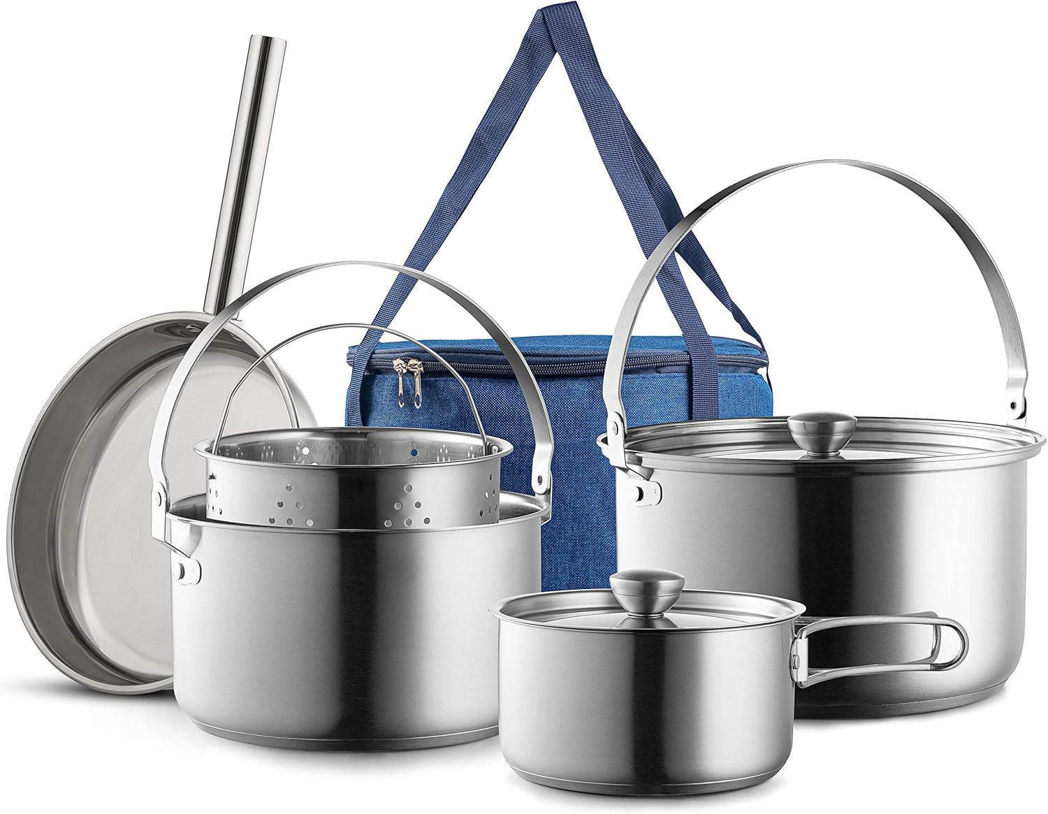 Camping Cookware Set Stainless Steel 8-Piece Pots  Pans Open Fire Cooking Kit | Frying Pan Steamer with Travel Tote Bag | Compact For Outdoors  Indoors Kitchen Family Campfire Hiking RV