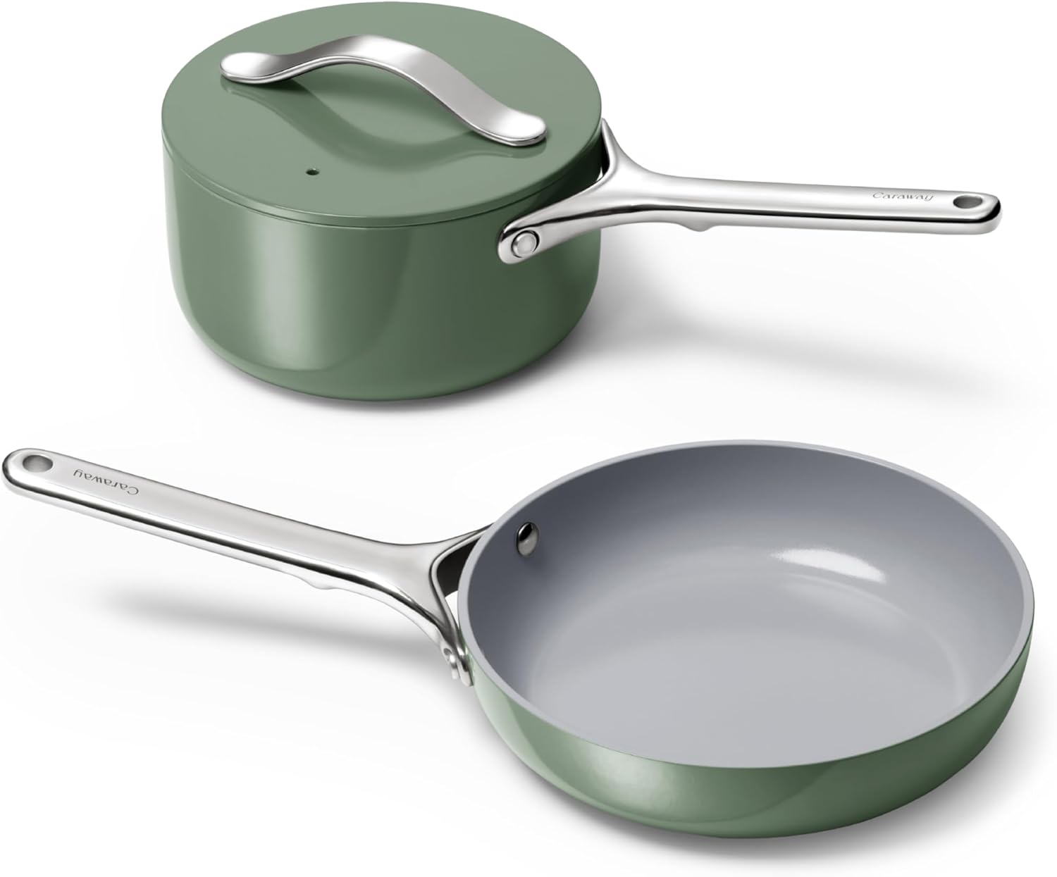 Caraway Mini Cookware Set – Non-Stick Ceramic Fry Pan (1.05 qt, 8″) & Sauce Pan (1.75 qt) – Non Toxic, PTFE & PFOA Free – Oven Safe & Stovetop Agnostic (Gas, Electric & Induction) – Perracotta