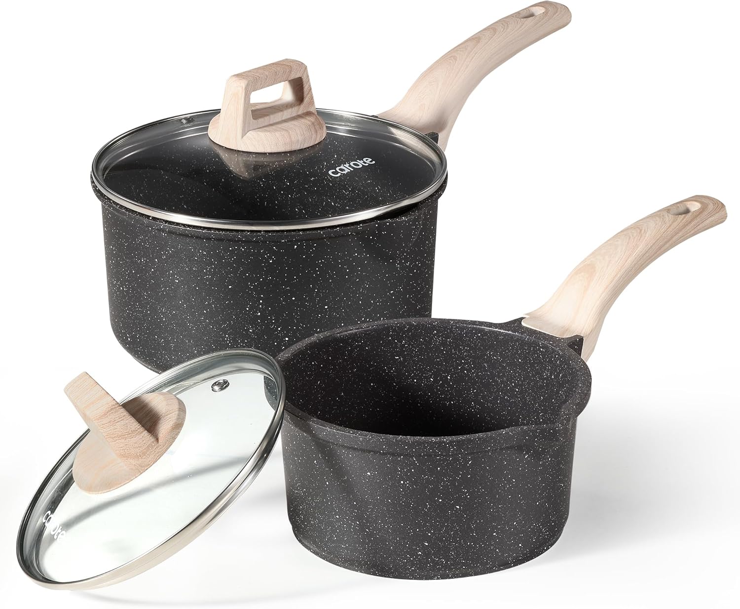 CAROTE 1.5Qt  3.0Qt Sauce Pan Sets with Lid Cooking Pots Nonstick Saucepans Cookware Set with Pour Spout Small Kitchen Pot, Induction Comptable, Easy to Clean, PFOA FREE (Classic Granite)