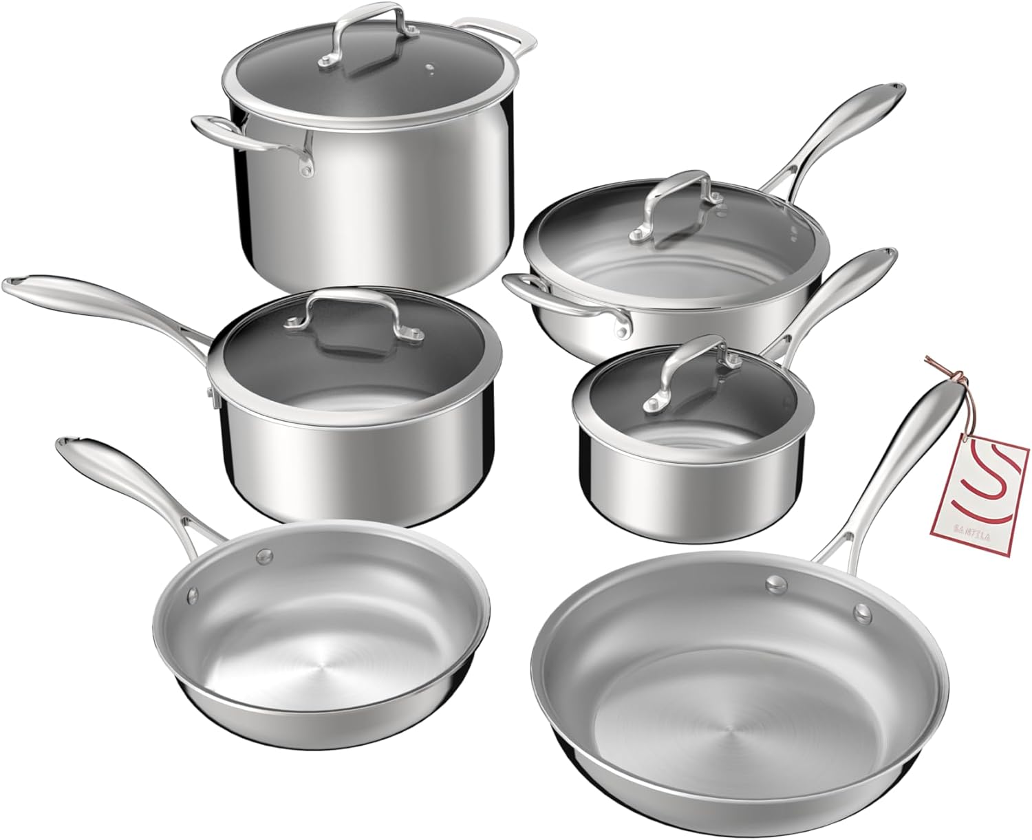 Cookware, Piece Stainless Steel Pot and Pan Set, Ply Clad, Includes Frying Pans, Saucepans, Saute Pan and Stock Pot, Compatible with All Cooktops, PTFE, PFAS and PFOA Free