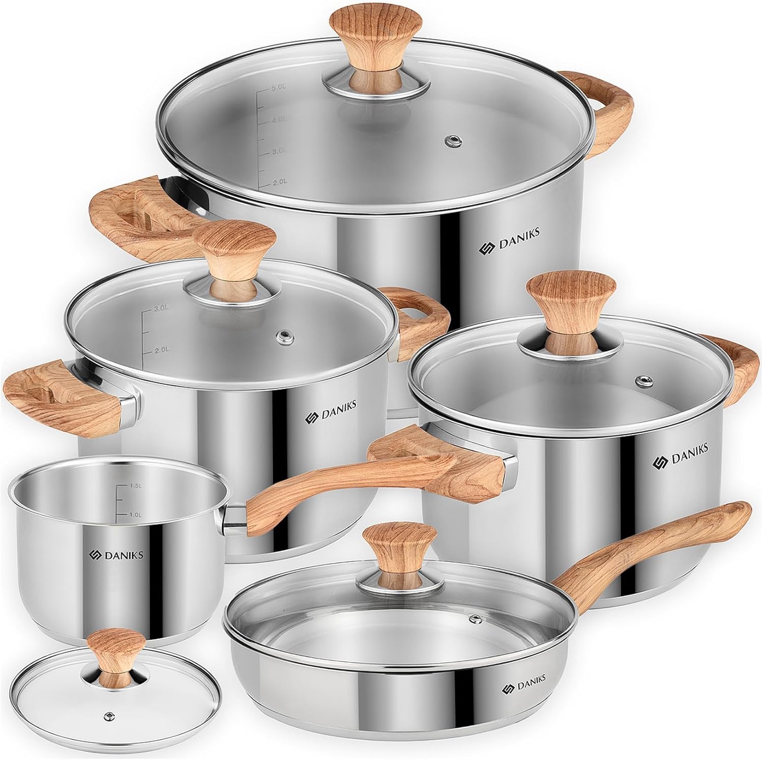 Daniks Oslo 10-Piece Stainless Steel Cookware Set with Glass Lids, Includes Saucepan and Frying Pan with Lid, Tri-Ply Bases for Even Heating, Induction Compatible, Dishwasher Safe, Bakelite Handles