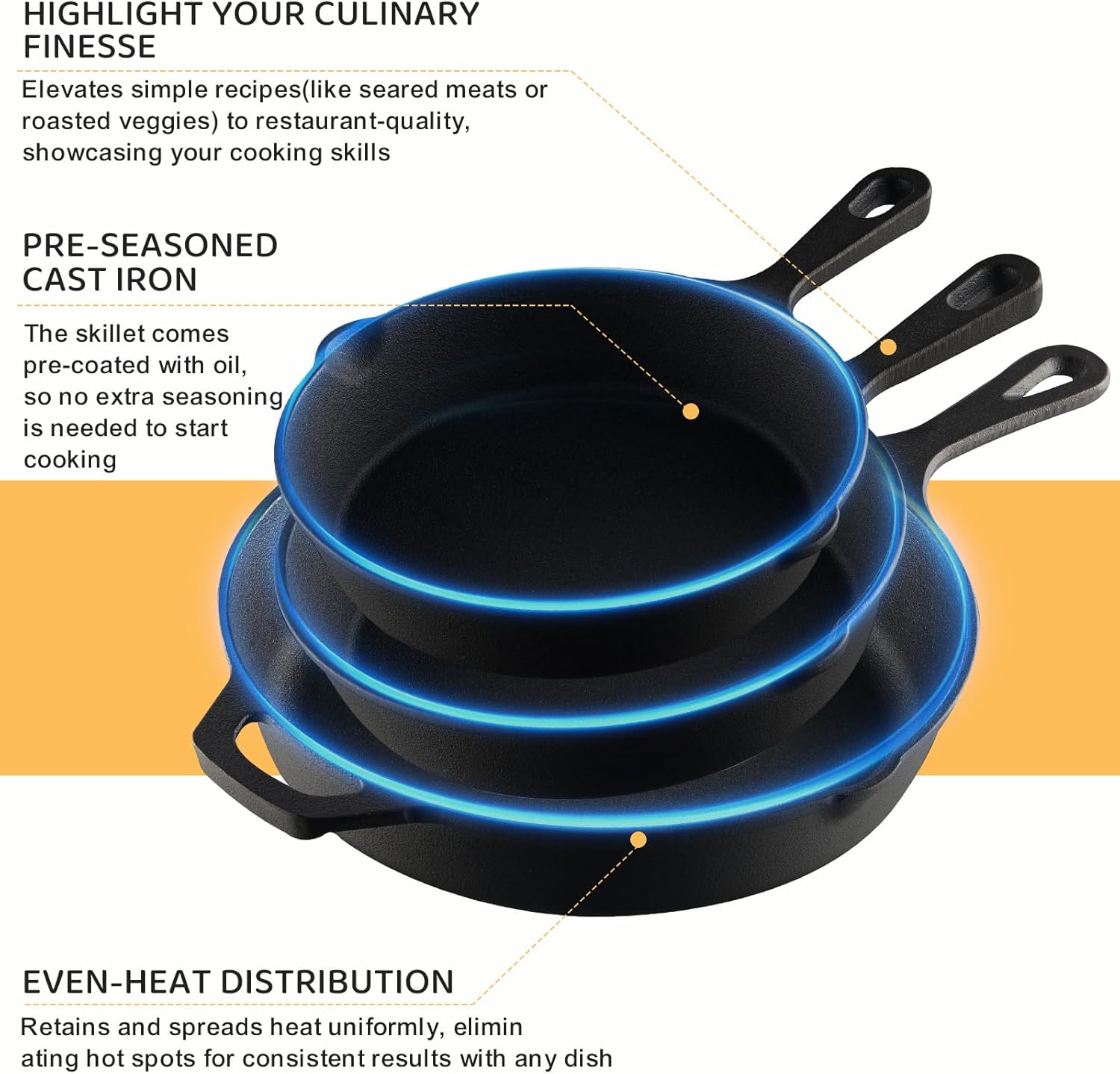 EWFEN Cast Iron Skillet 3-Piece Set, Heavy-Duty Professional Restaurant Chef Quality Pre-Seasoned Pan Cookware Set, 6, 8, Pans For Frying, Saute, Cooking, Use Indoor/Outdoor, Oven, Grill EWFEN Cast Iron Skillet 3-Piece Set, Heavy-Duty Professional Restaurant Chef Quality Pre-Seasoned Pan Cookware Set, 6, 8, Pans For Frying, Saute, Cooking, Use Indoor/Outdoor, Oven, Grill