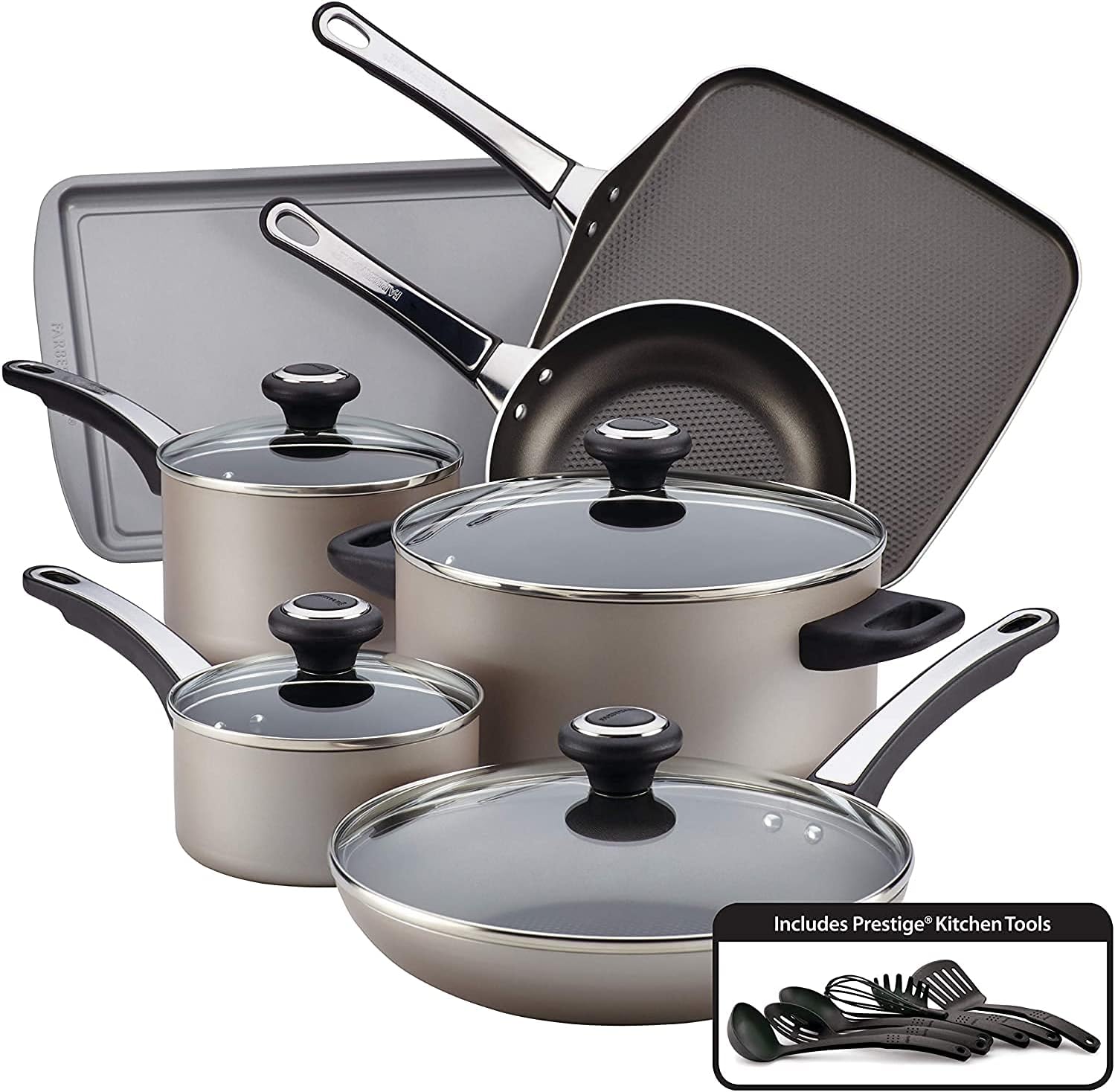 Farberware 21925 High Performance Nonstick Cookware Set / Pots and Pans Set Dishwasher Safe – 17 Piece, Silver