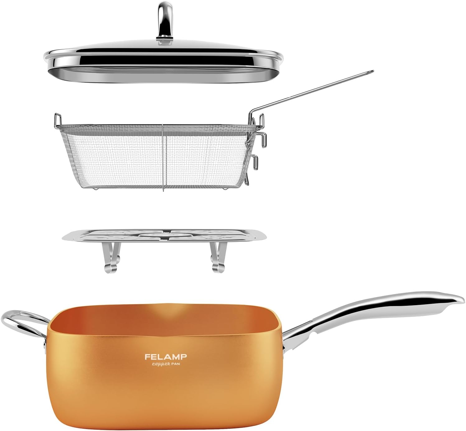 FELAMP 9.5-Inch Ceramic Nonstick Deep Square Frying Pan Set with Glass Lid, Stainless Steel Fry Basket Steamer Rack, Induction Compatible, Oven Dishwasher Safe, 4-Piece Copper Pan Chef Cookware Set FELAMP 9.5-Inch Ceramic Nonstick Deep Square Frying Pan Set with Glass Lid, Stainless Steel Fry Basket Steamer Rack, Induction Compatible, Oven Dishwasher Safe, 4-Piece Copper Pan Chef Cookware Set