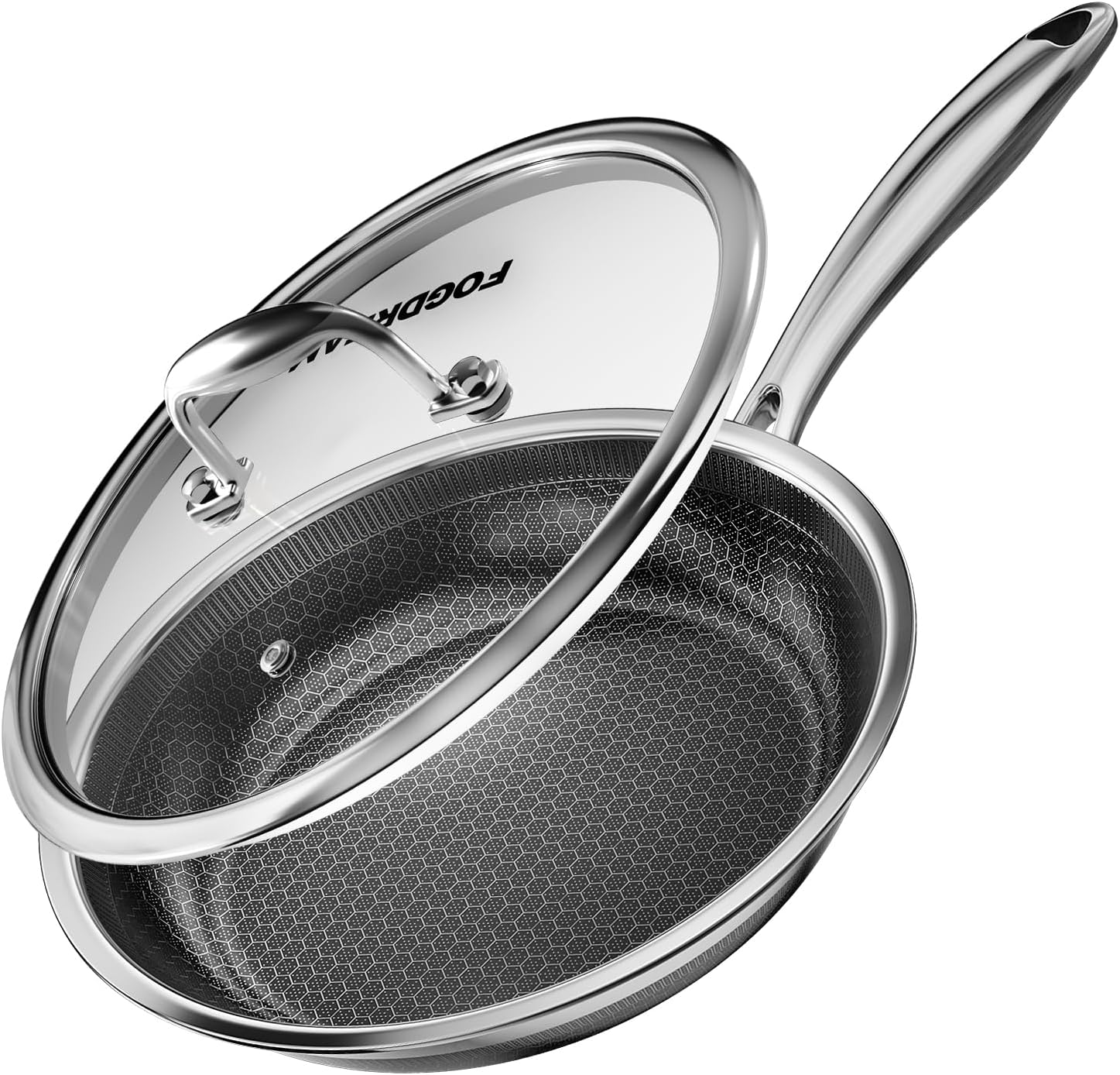 FogDream Non Stick Frying Pans, 10 Inch Stainless Steel Skillet with Tempered Glass Lid Tri-Ply Stainless Steel for All Cooktops, Dishwasher & Oven-Safe Cooking Pan, Stay-Cool Handle, Silver