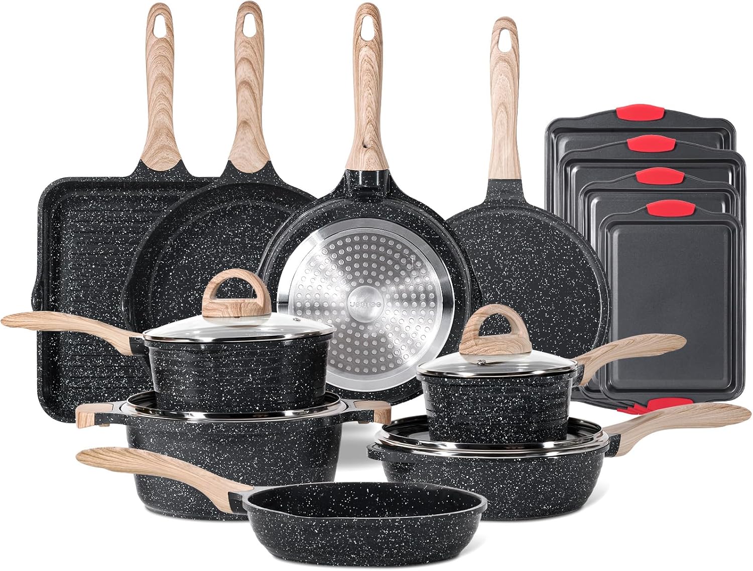 JEETEE 36Pcs Pots and Pans Set Non Stick, Cookware Set Non toxic Kitchen Healthy Induction Cooking Set W/Griddle, Sauté Pan, Baking Trays & Pancake Rake (PFOA, PFAS Free)