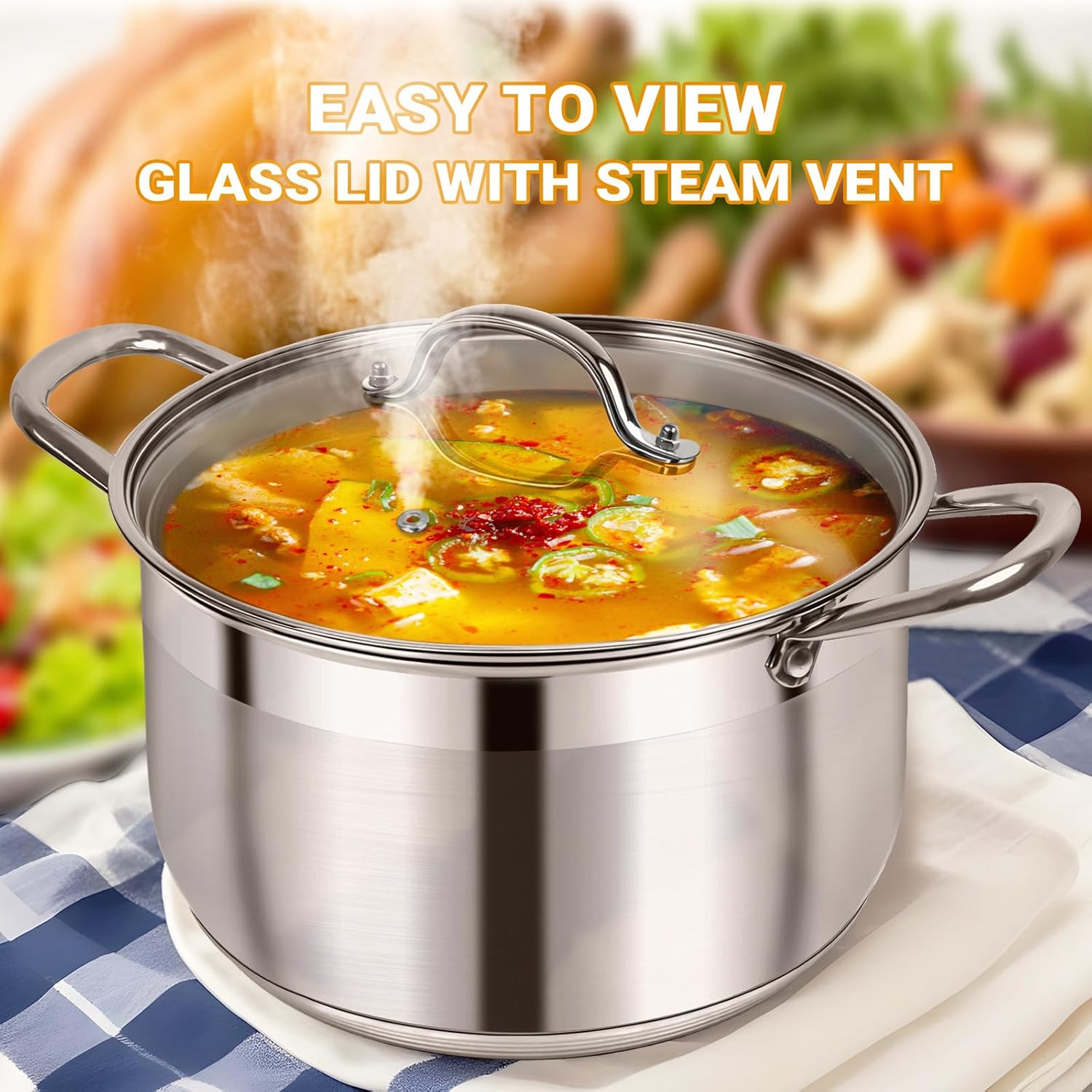 Kirecoo Stainless Steel Stock Pot – 8 Quart Heavy Duty Induction Cooking Pot with Visible Lid for Pasta, Soup, Spaghetti, Nonstick Thick Bottom Big Stockpot, Deep Cookware for Canning, Boiling, Simmer