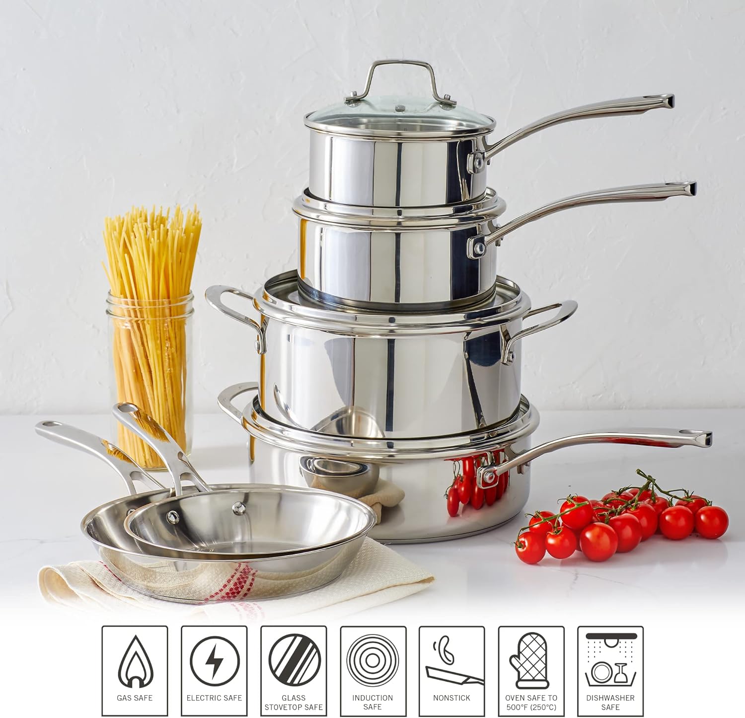 Martha Stewart Castelle 10 Piece 18/8 Durable Stainless Steel Induction Safe Non-Toxic Triply Bottom Kitchen Pots and Pans Cookware Set – Dishwasher Safe
