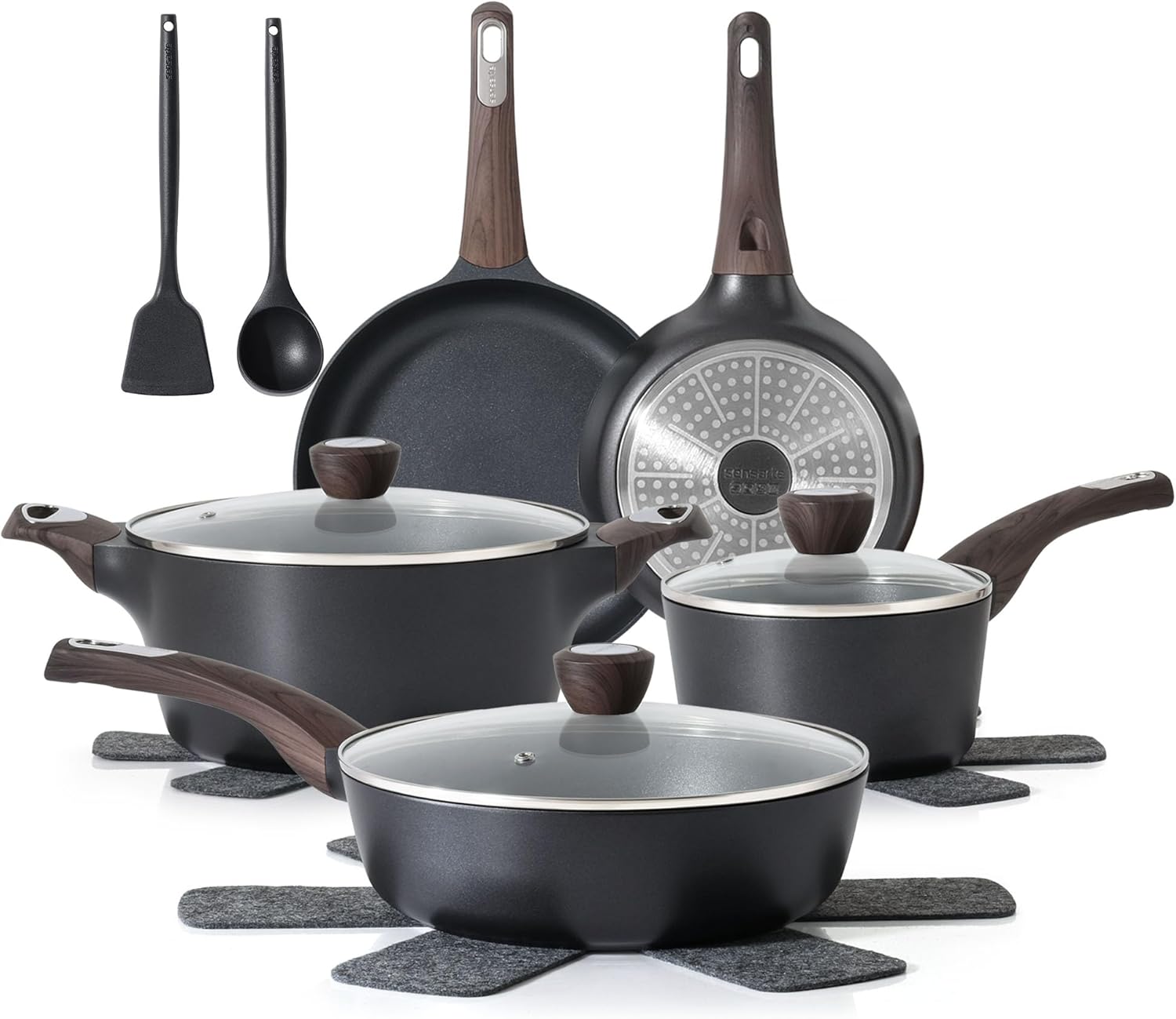 SENSARTE Pots and Pans Set Non stick, Non toxic Healthy Induction Cookware Sets, 14 Pcs Non Stick Kitchen Cooking Set with Frying Pans Set & Saucepan, PFOA PFOS Free, Black