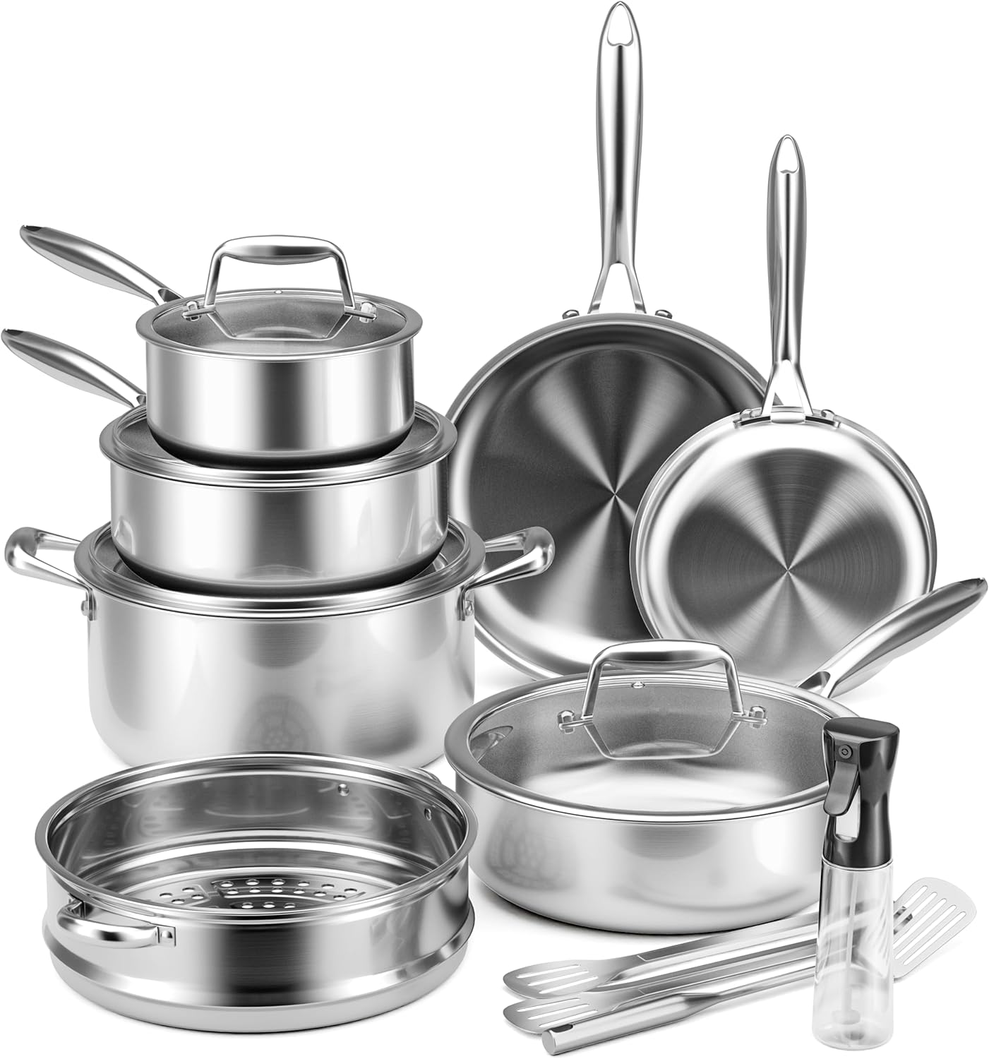 Stainless Steel Cookware Set - VONIKI Tri-ply Stainless Pots And Pans Set with Steamer Basket, Non Toxic Induction Cookware, Kitchen Cookware Sets PFOA PTFE Free, Dishwasher and Oven Safe Stainless Steel Cookware Set - VONIKI Tri-ply Stainless Pots And Pans Set with Steamer Basket, Non Toxic Induction Cookware, Kitchen Cookware Sets PFOA PTFE Free, Dishwasher and Oven Safe