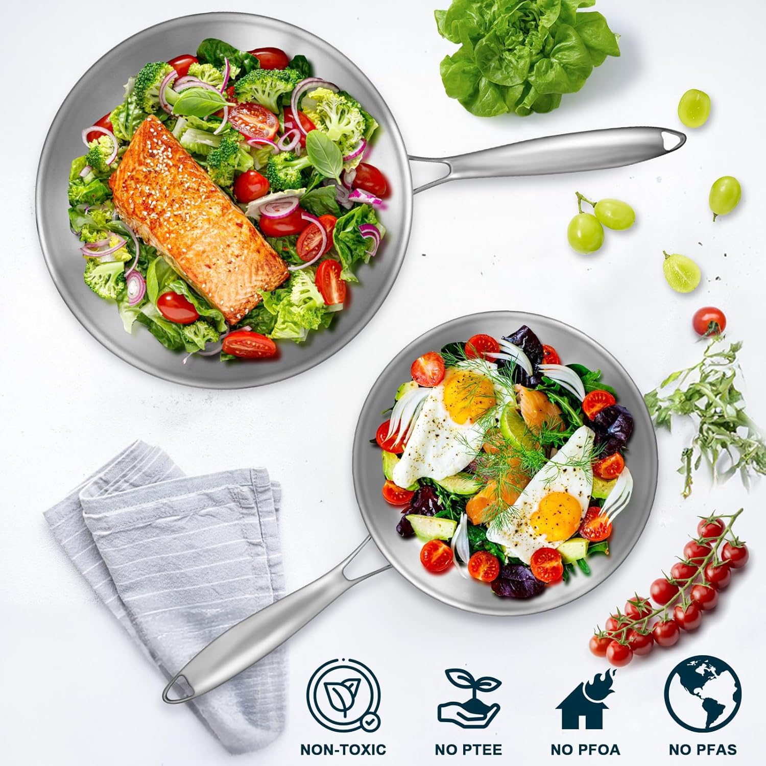 Tri-Ply Stainless Steel Frying Pans Set with Lid, EWFEN 8”/10”/12” Cooking pans, PFOAPTFE Free Skillet, Induction Cooking Pan, Dishwasher and Oven Safe, Fast  Even Heat, Suitable for All Stove