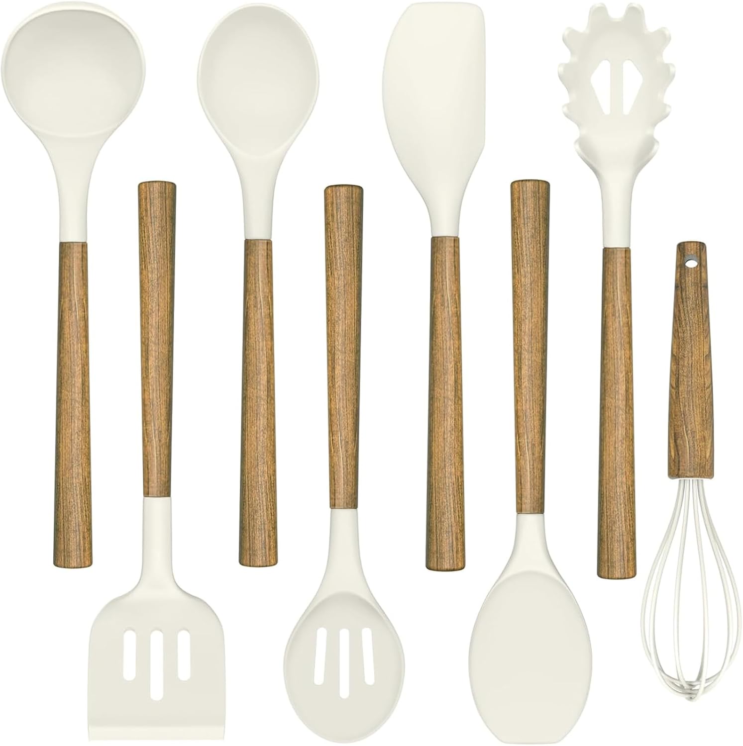 Umite Chef Silicone Cooking Utensil Set, 8-Piece Kitchen Utensils Set with Natural Acacia Wooden Handles,Food-Grade-Silicone Kitchen Gadgets and Spatula Set for Nonstick Cookware - Grey