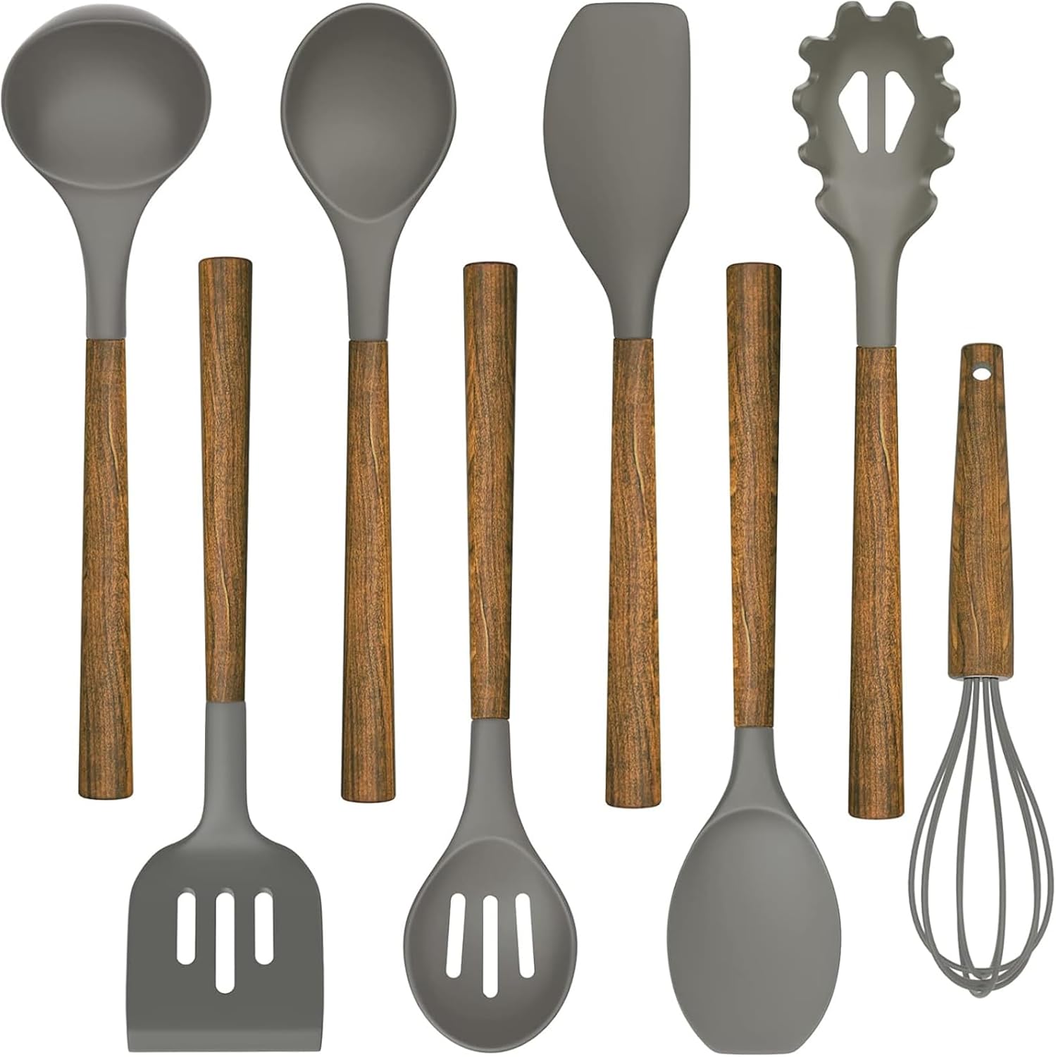 Umite Chef Silicone Cooking Utensil Set, 8-Piece Kitchen Utensils Set with Natural Acacia Wooden Handles,Food-Grade-Silicone Kitchen Gadgets and Spatula Set for Nonstick Cookware – Grey