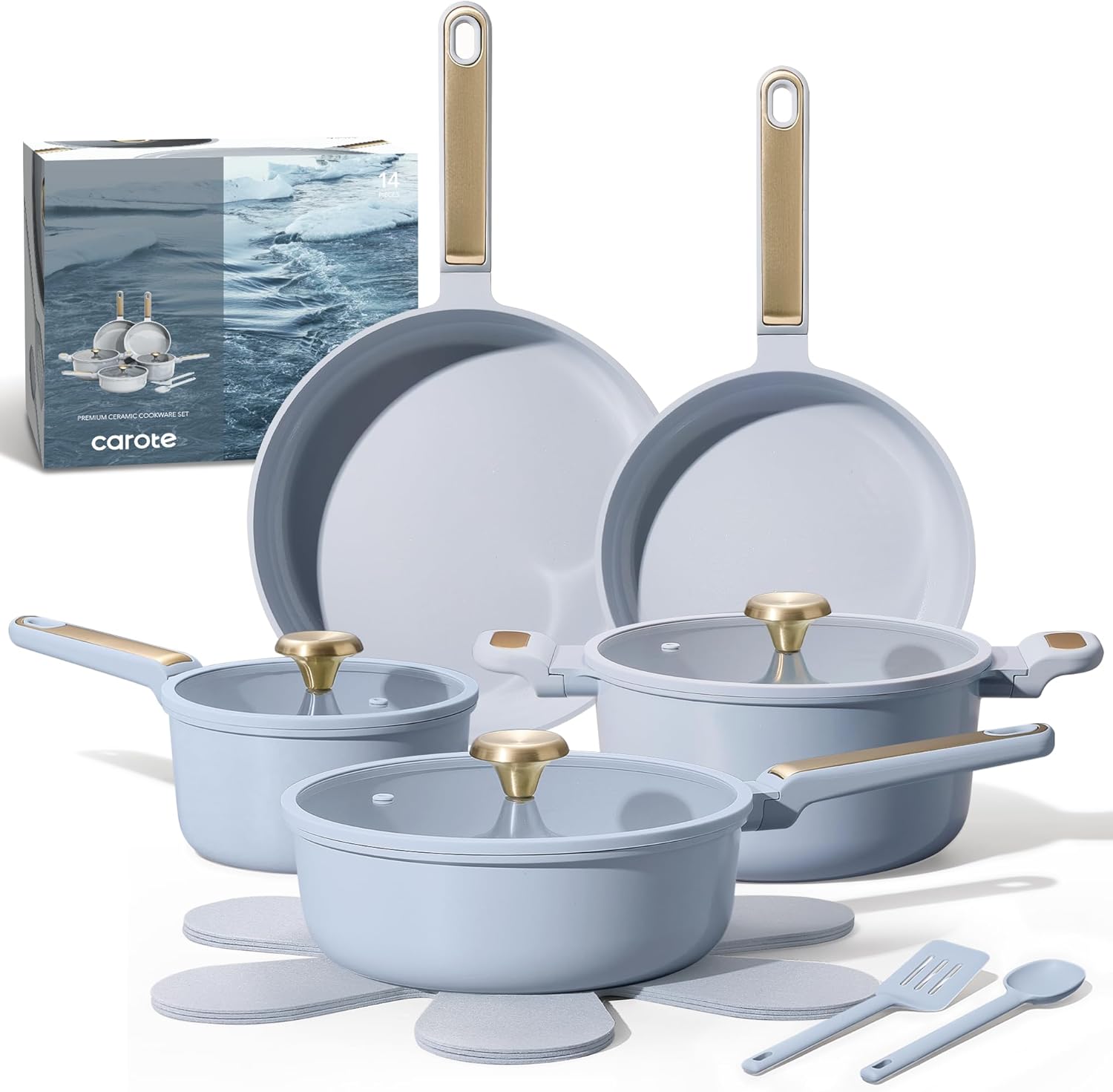 CAROTE 14Pcs Pots and Pans Set Non Stick, Cookware Sets Induction Cookware Granite Cooking Set with Frying Pans, Saucepans, Saute Pan, Extra Large Casserole